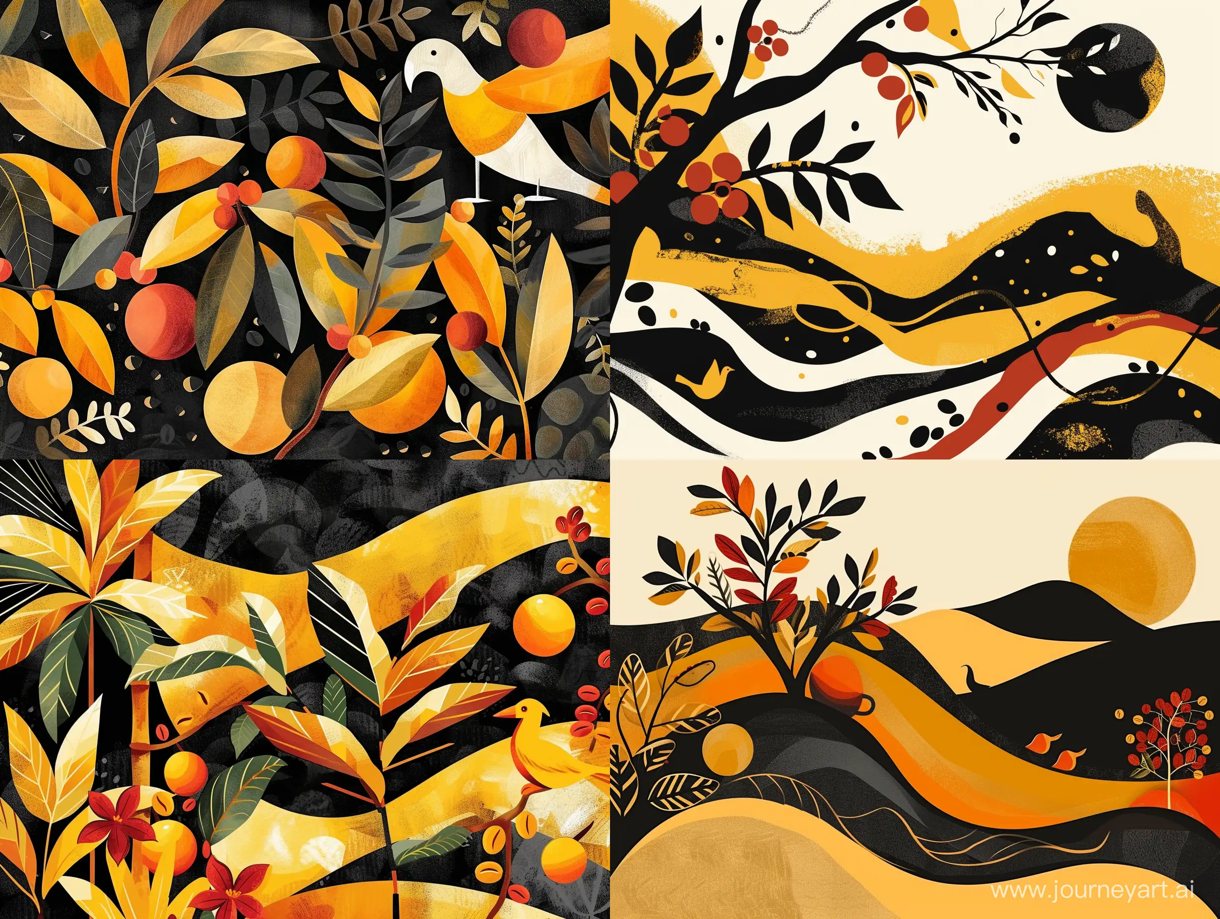 Иллюстрация в стиле современная абстракция плантация кофе, зерна кофе  в Эфиопии, природа, животные, птицы, растения, кофе Эфиопии в черных, желтых, оранжевых, коричневых цветах