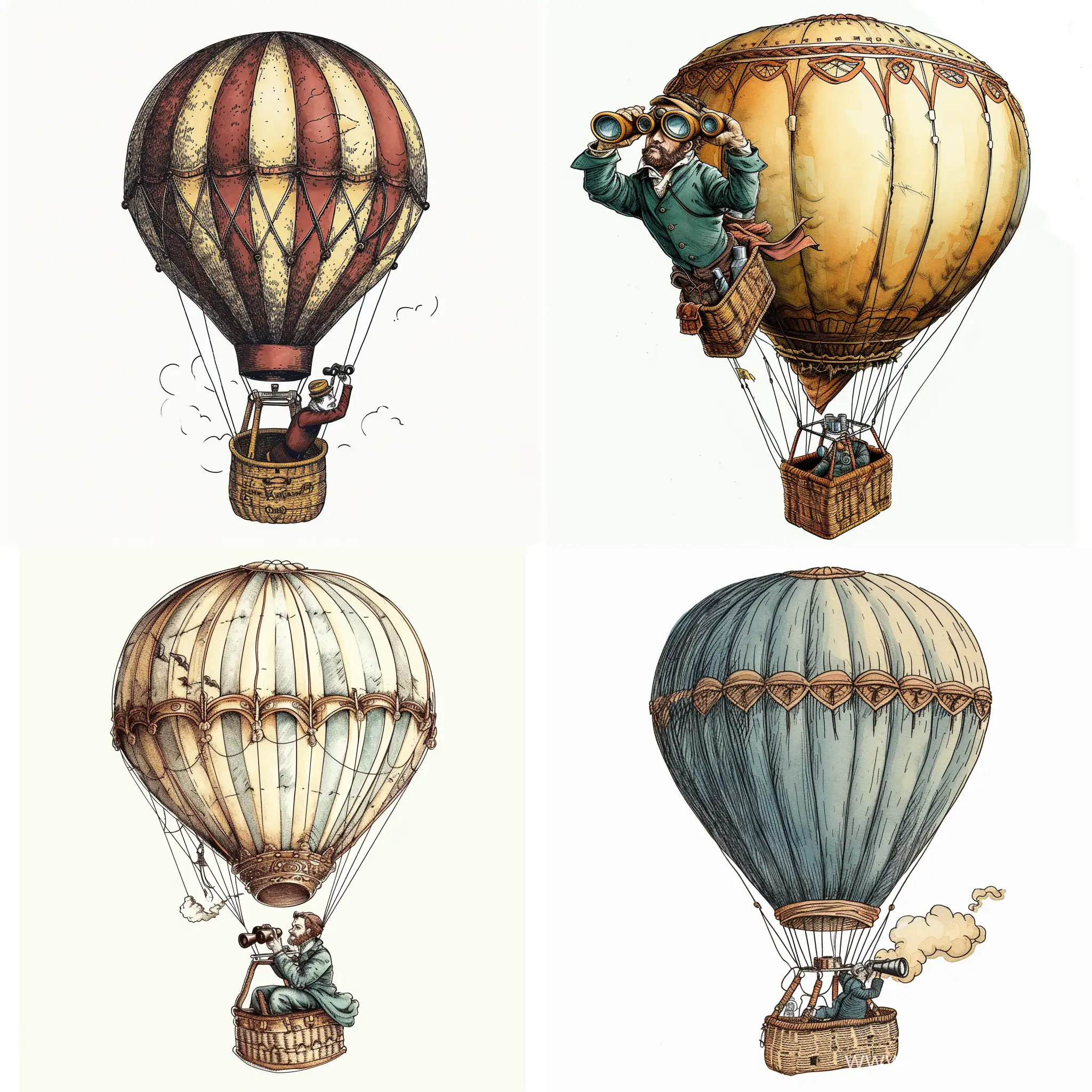 It clearly shows a man riding in a hot air balloon holding binoculars through which he appears to be searching for something below. Victor sketch drawing illustrator style with good details on white background. 