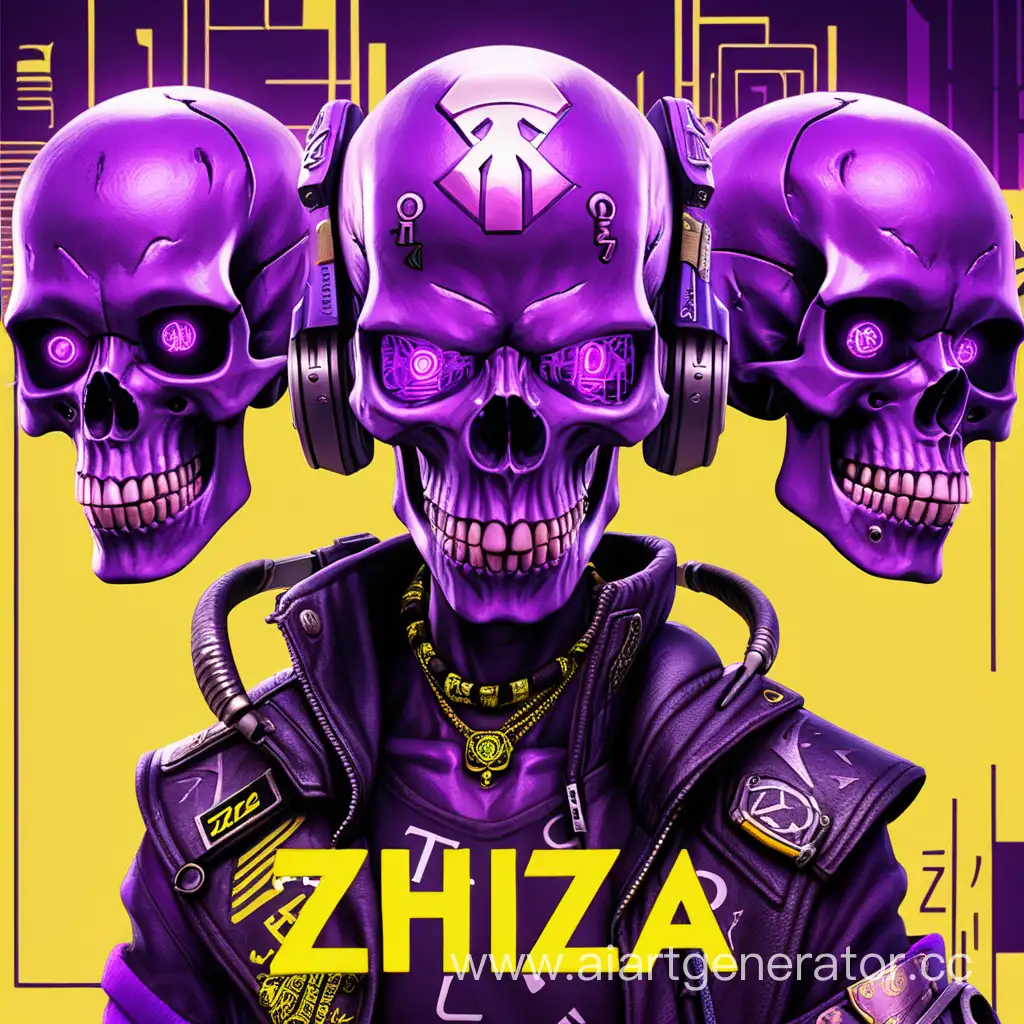 An avatar for the group .The picture also shows skulls in the cyberpunk style  and purple-yellow color. THE INSCRIPTION Zhiza IS ON THE IMAGE.