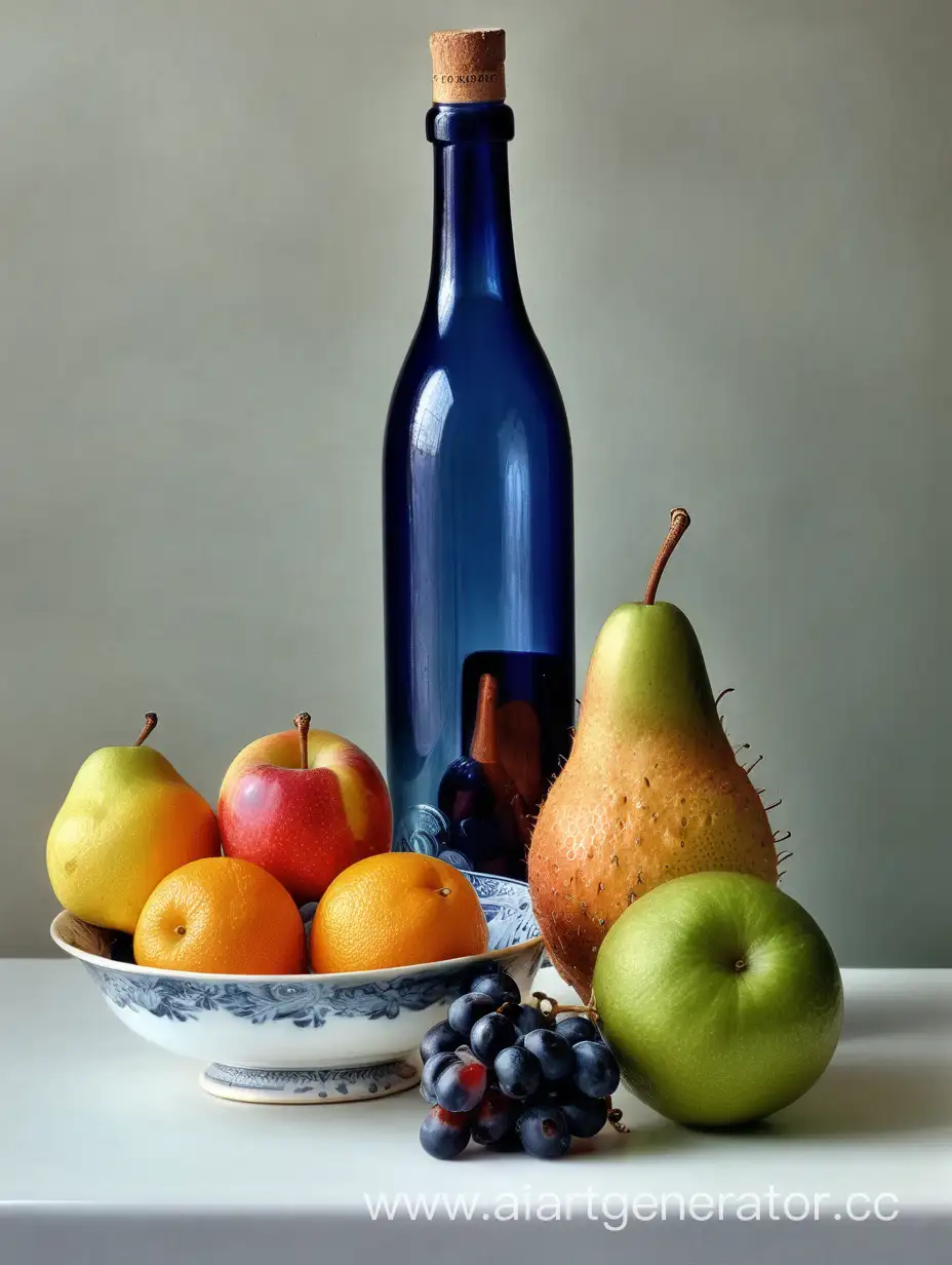 Dutch-Still-Life-Painting-Minimalistic-Fruit-and-Bottle-Abstraction