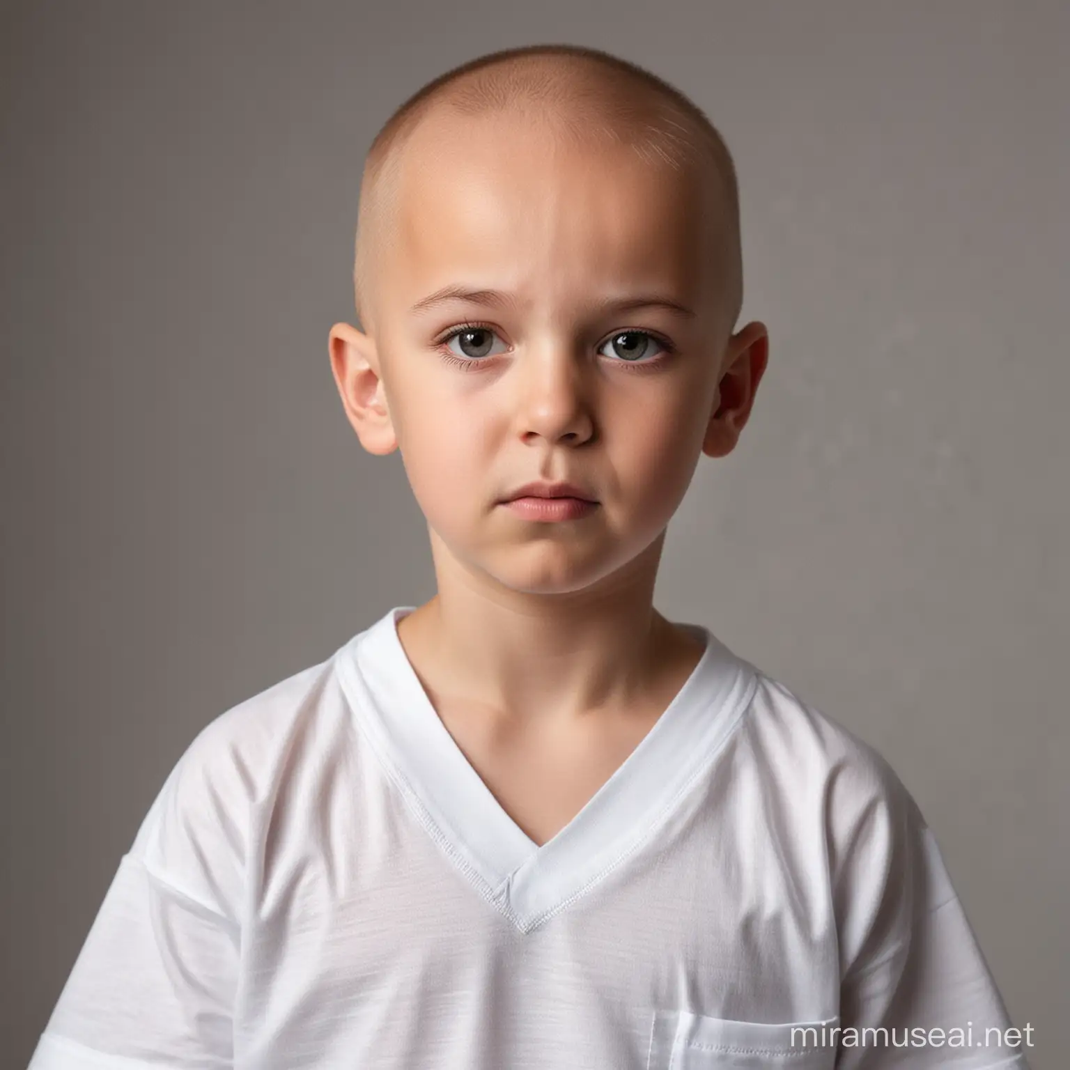 a serious face young cute boy having cancer wearing white v neck hospital shirt , bald ,seeking for donations
