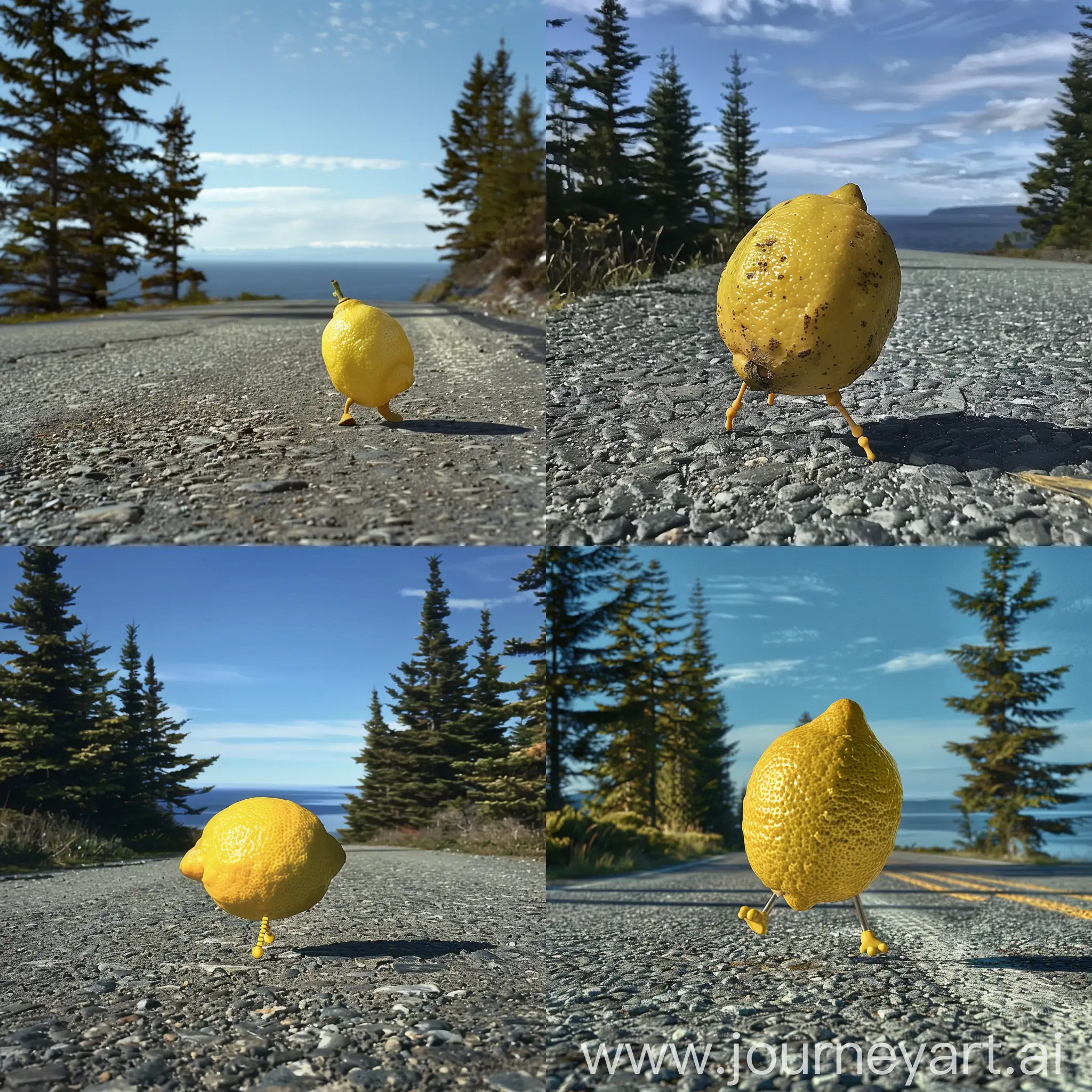 Lively-Lemon-Hopping-Along-Gravel-Road-with-Fir-Trees-and-Sea-Background