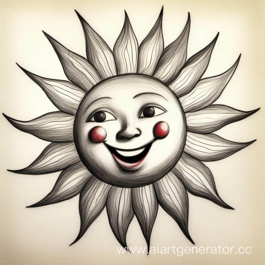 Smiling Sun with red beautiful lips, children's drawing, pencil drawing