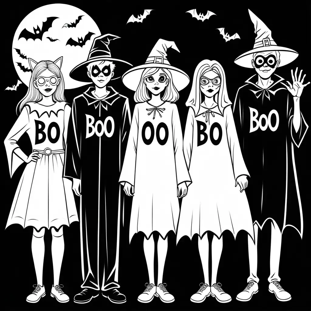 Playful Older Teens in Halloween Costumes Spooking with BOO in Monochrome Coloring Book