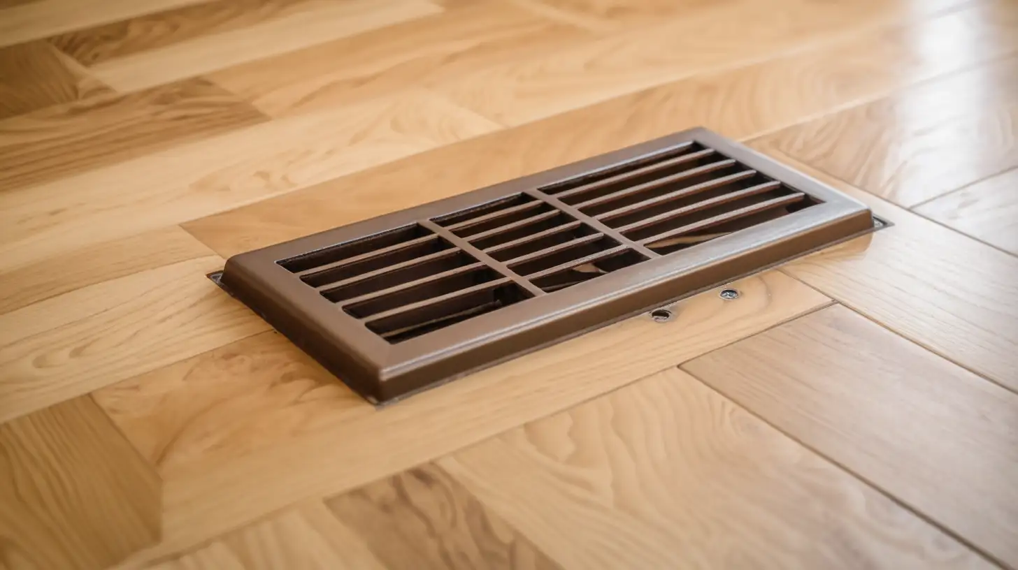 rectangular long light brown vent on wood floor. close up