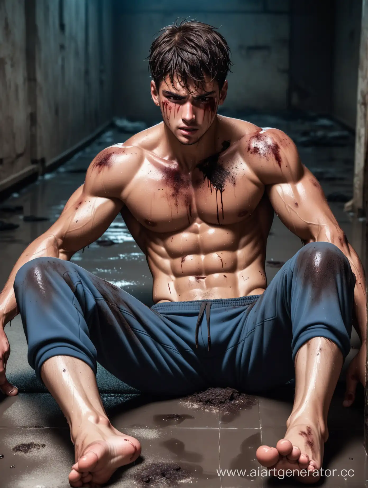Hot muscular young guy. Libido boy suffers torture in an abandoned place. Lying on the dirty floor in agony. Brown eyes, sweaty naked abs. Dirty, worn indigo sweatpants. Gunshot wounds on thighs, bare feet
