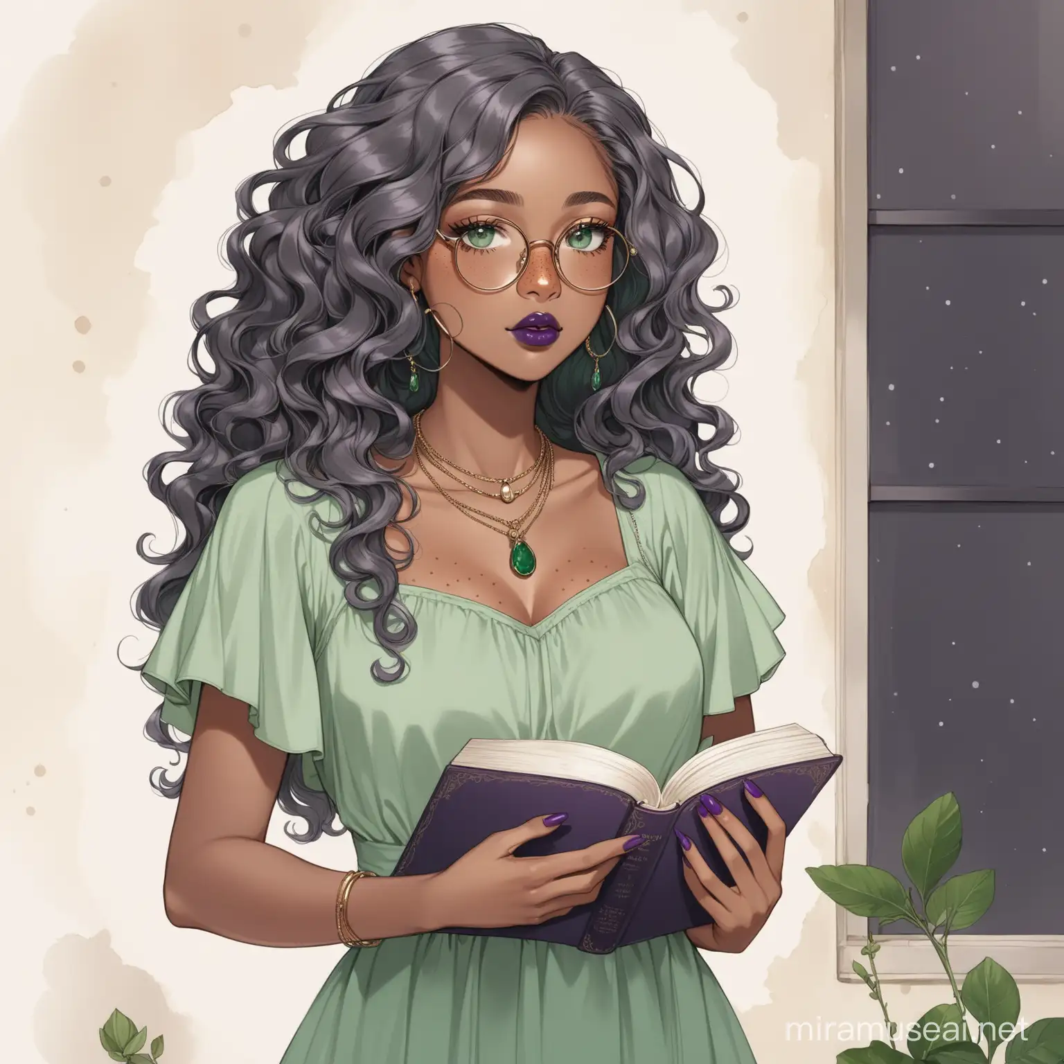 Elegant Curvy Woman in NatureInspired Dress Holding a Book