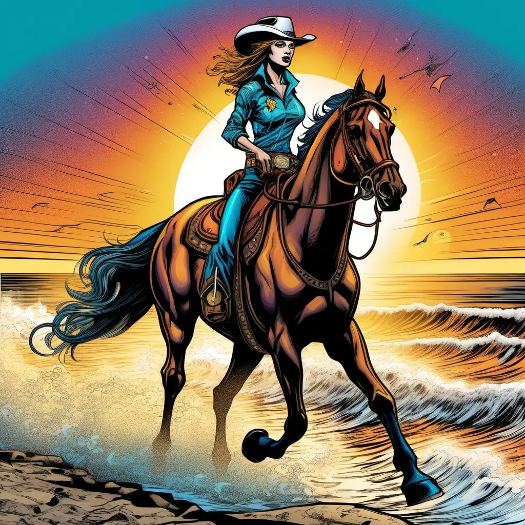 Comic book illustration, vivid colors, detailed, futuristic female cowboy , a horse is trotting by the sea, sunrise 