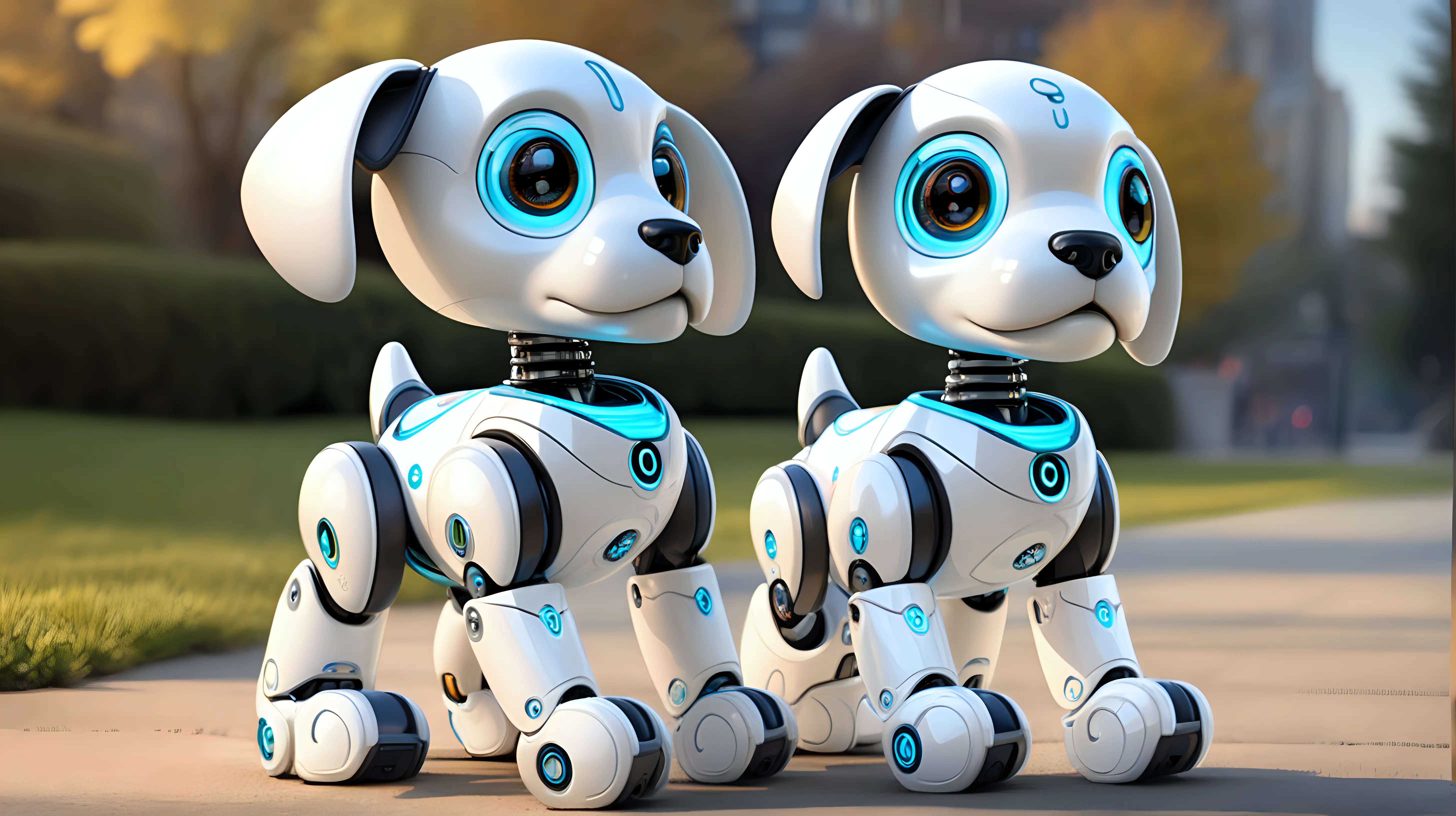 "Design a sweet and inquisitive cartoon robot puppy, programmed to understand and respond to human emotions, becoming a loyal companion to children and adults alike."