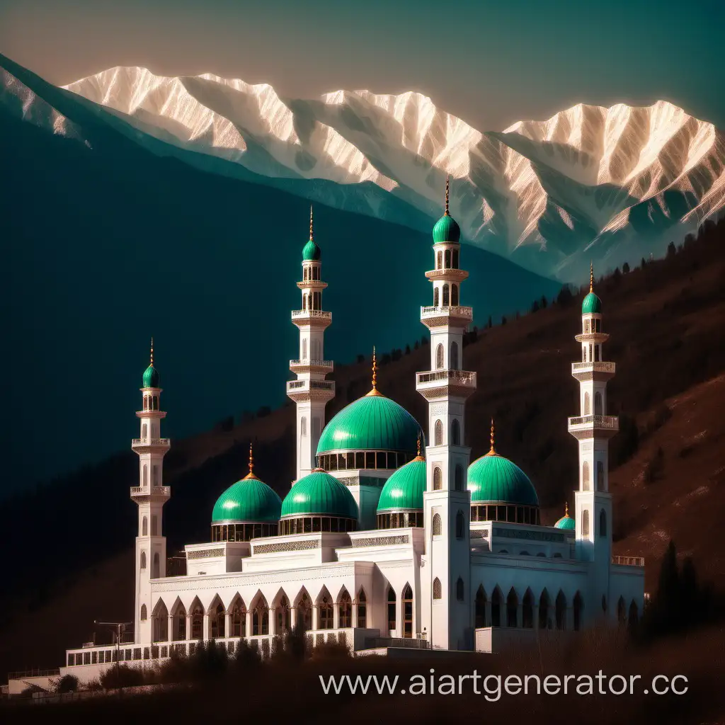 Красивая светлая сияющая мечеть в горном пейзаже с 4 минаретами