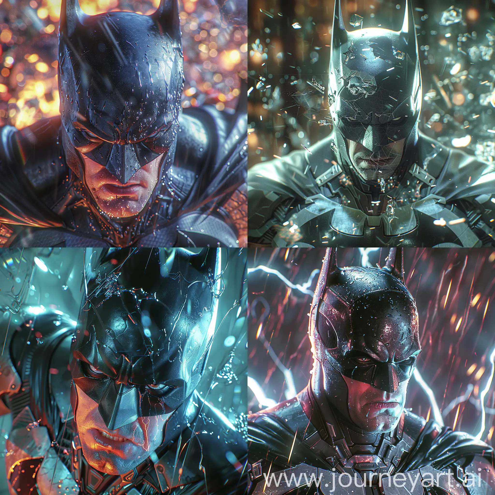 Dynamic representation [Batman], wallpaper HD, in the style of vivid energy explosions, realistic and hyper-detailed renderings, precisionist art, photorealistic scenes, epic, glassy translucence, anime art, detailed and intricate environment, Unreal Engine, strong facial expression
