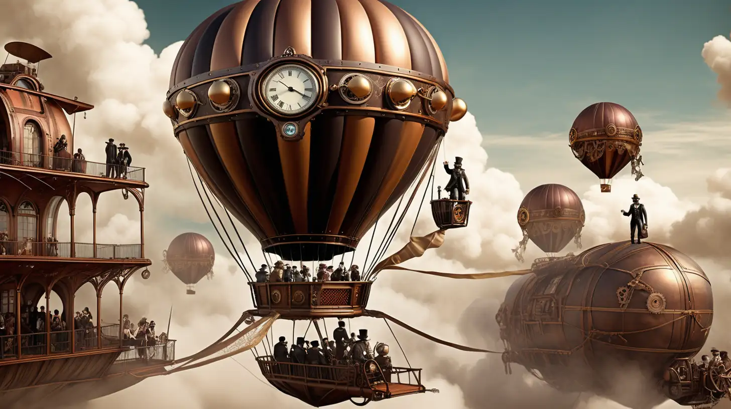 Steampunk hot air balloon steam passengers boarding spaceship