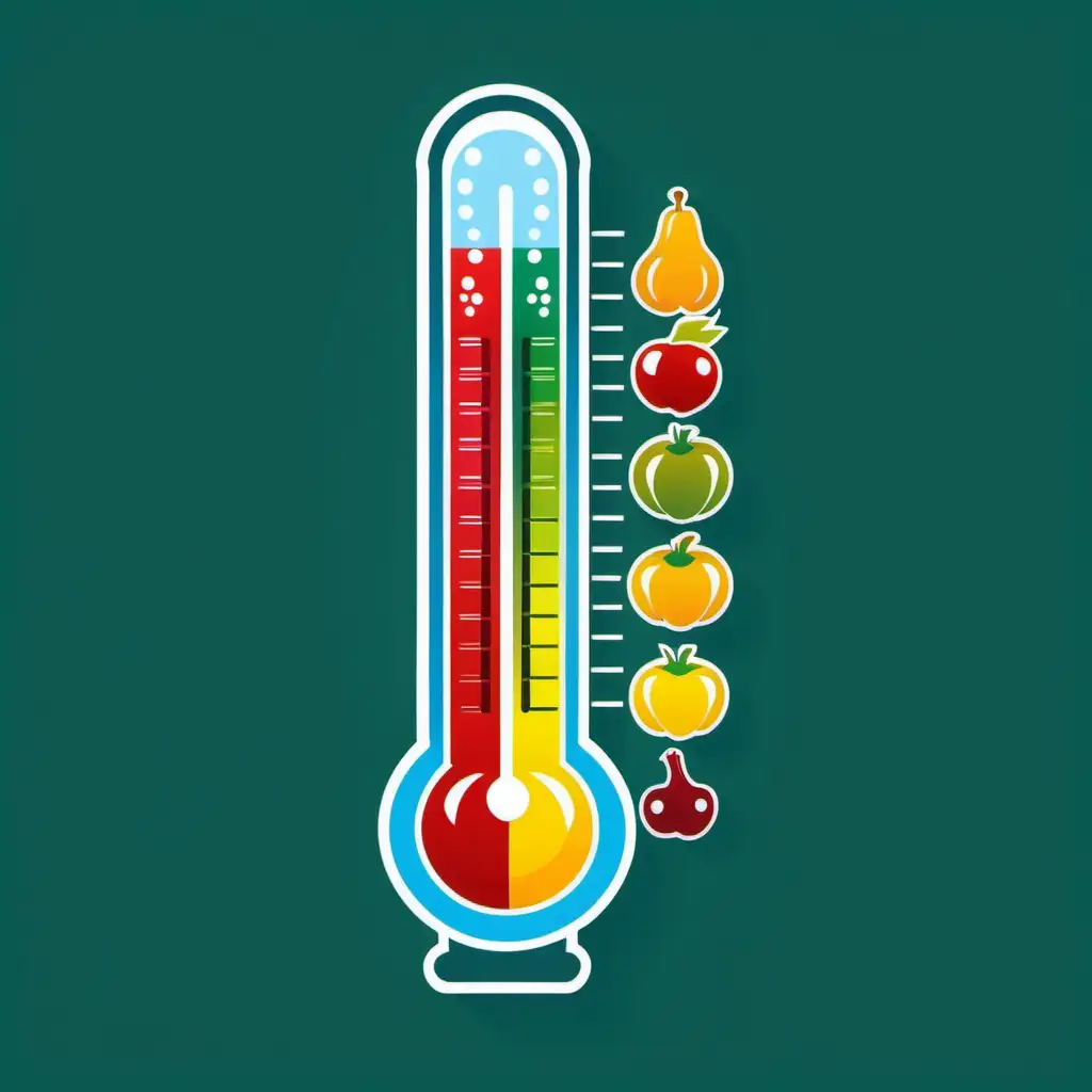 create a cartoon illustration of a produce thermometer, the temperature indicators are blue from 30 - 32 degrees farenheit starting at the bottom, next color and temperature is 33 - 38 and the color is green, the next color is yellow and the temperature is 38-41 and the final color at the top is red from 41-46