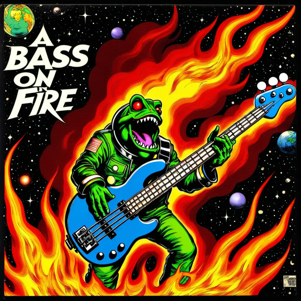 [a bass on fire in space]
[album title: Toys On Fire]
[in the style of 90s comic book art]