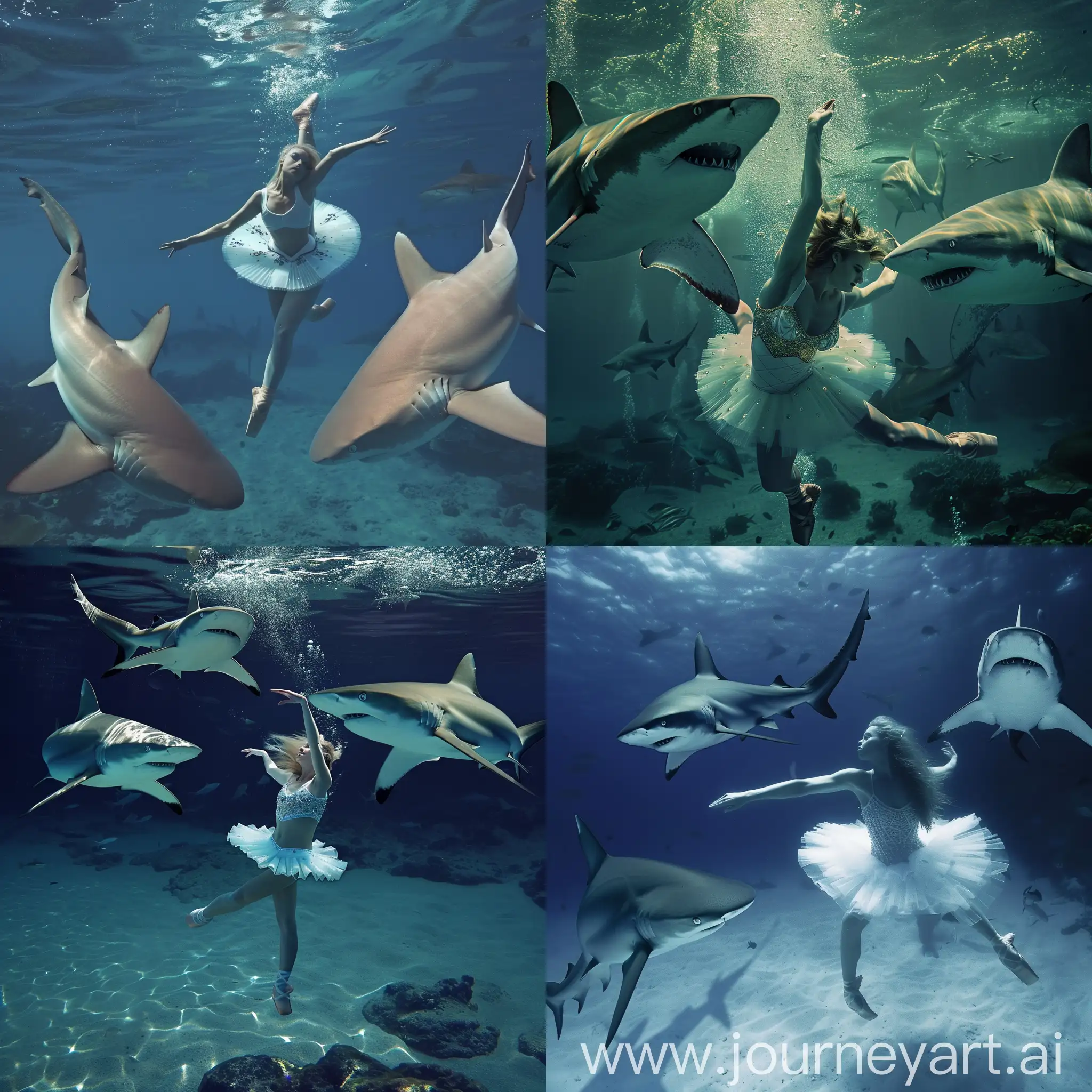 An image of a ballet dancer underwater with three large sharks around her
