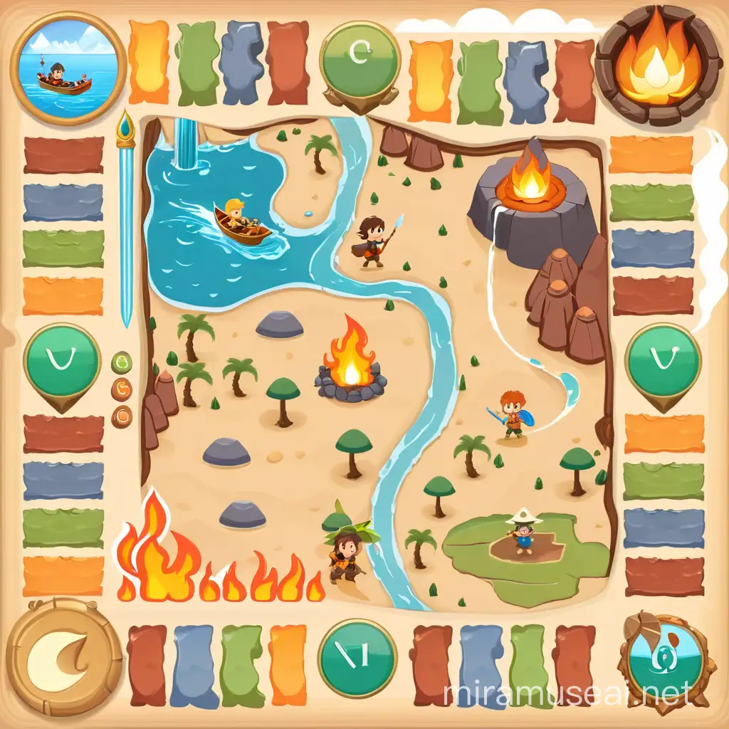 a fantasy gaming board with four part lava and water and green and desert
 on the top of it four cute kid characters one cute girl on a boat near the lake or waterfall, one cute adventurous girl in the green side on the cliff, one cute warrior boy stack in the middle of the lava and one cute boy adventurous in the desert with flame. All the characters are in big scale 