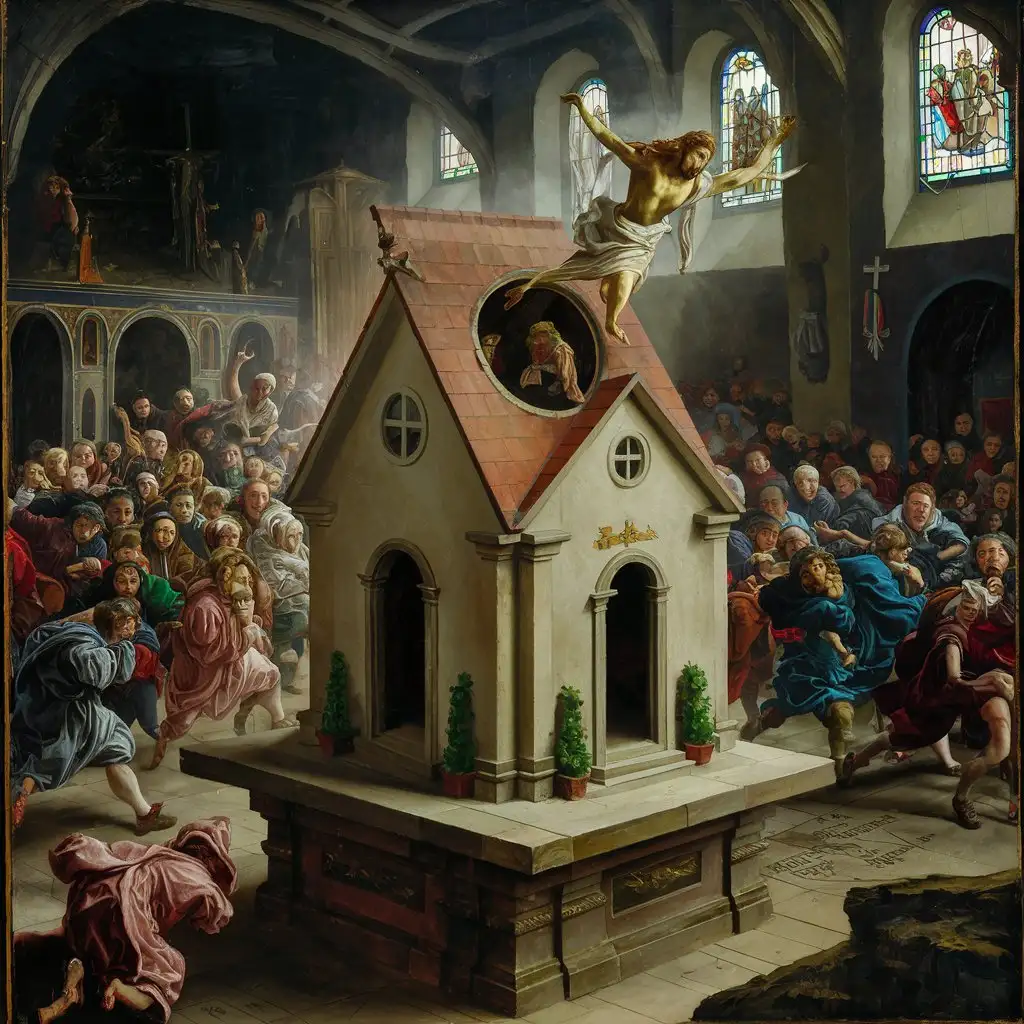 wnętrze kościoła katolickiego, przy ołtarzu stoi domek z którego przez otwór w suficie wylatuje Jezus, tłum ludzi ucieka w przerażeniu