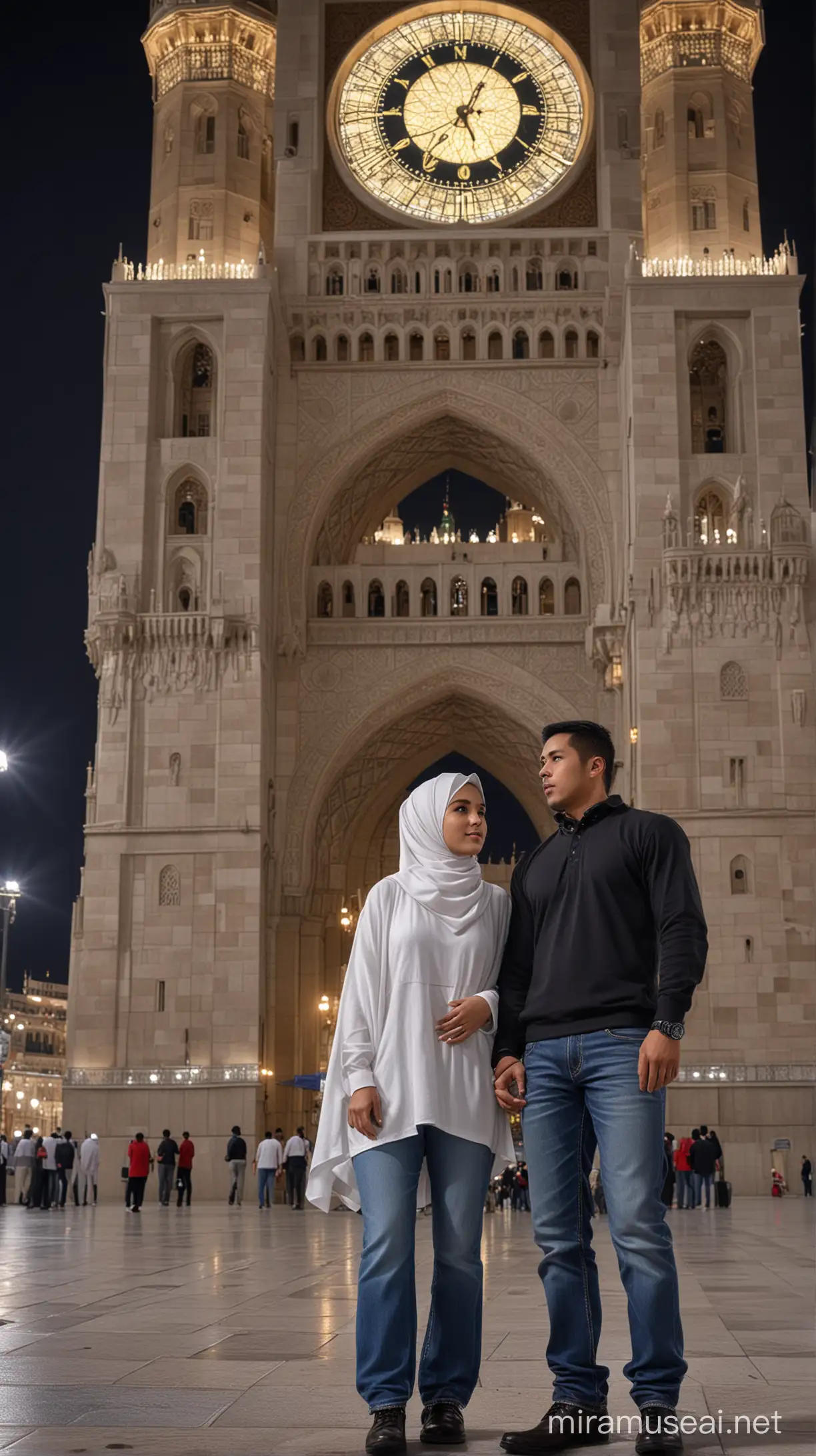 Indonesian Couple Standing Below Makkah Royal Clock Tower at Night