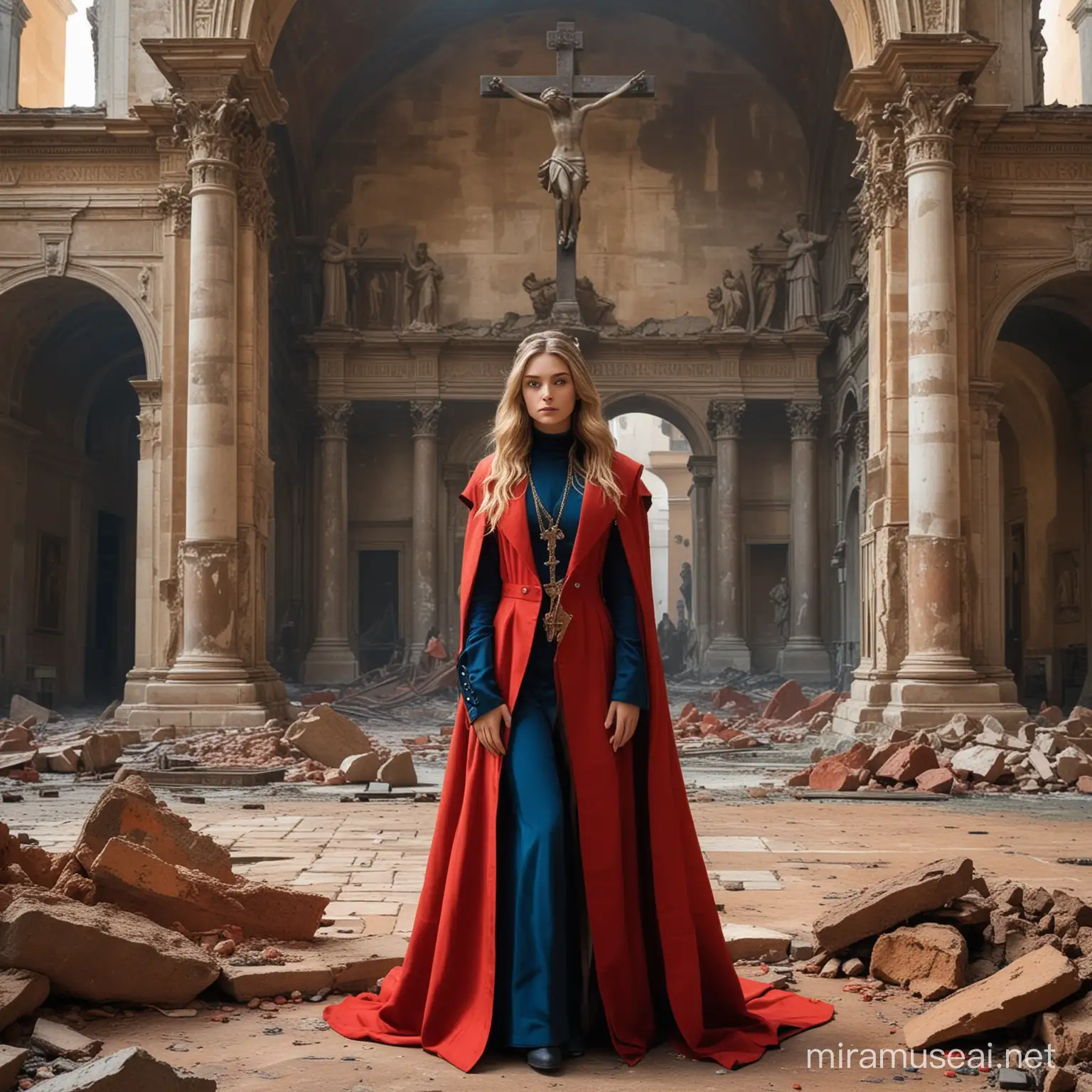 Diosa emperatriz hermosa adolescente de cabellos color miel y ojos verdes vestida con conjunto azul entallado ajustado y gabardina elegante color rojo  de cuerpo completo dentro de un enorme palacio en el vaticano en ruinas, de fondo un gigantesco crucifijo lleno de fuego y sangre, y monjas y sacerdotes hincados adorandola, y un gigantesco pavo real en su hombro derecho 