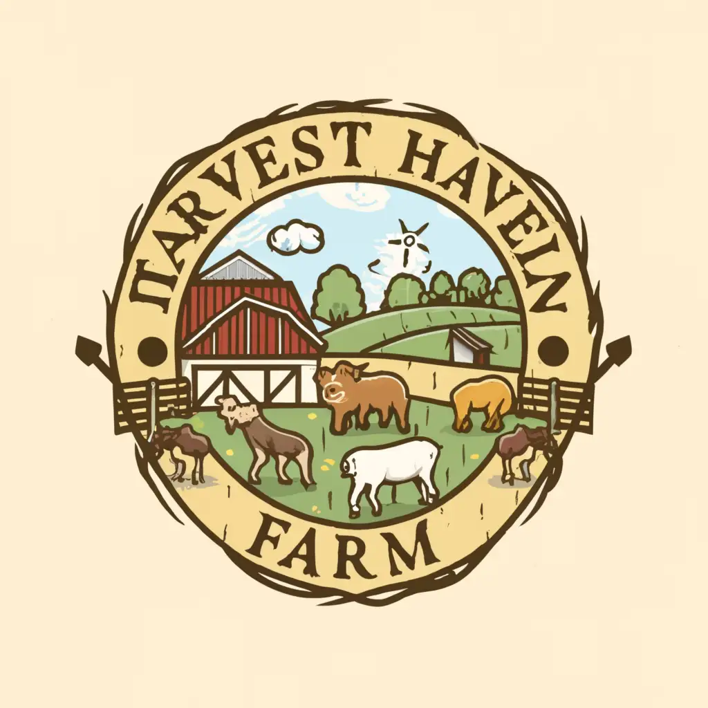 a logo design,with the text "Harvest Haven Farm", main symbol:Chicken, Pigs, Horse, Ducks, Cows, Fence, Trees, Farm, Falls, Rain,Moderate,be used in Animals Pets industry,clear background