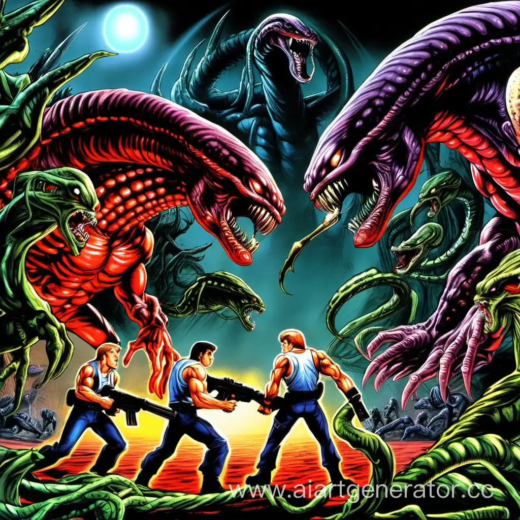 
Contra: The Alien Wars.
Билл и Лэнс сражаются и стреляют в логове чужих по большой голове чужого у которого по обеим бокам руки змеи