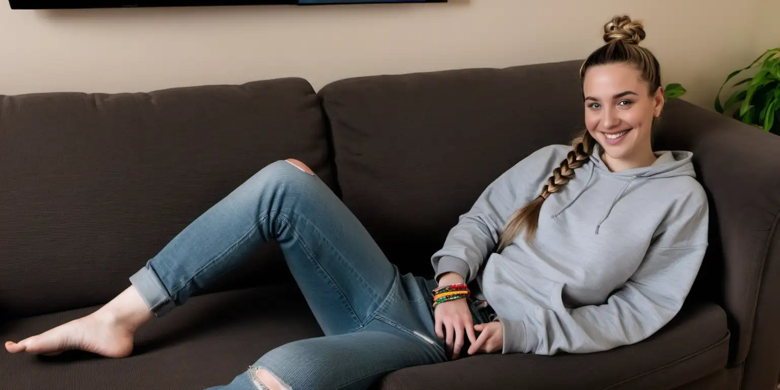 Joyful Woman Relaxing on Couch with Braided Hair