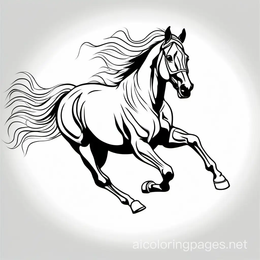 horse galloping, Coloring Page, black and white, line art, white background, Simplicity, Ample White Space. The background of the coloring page is plain white to make it easy for young children to color within the lines. The outlines of all the subjects are easy to distinguish, making it simple for kids to color without too much difficulty