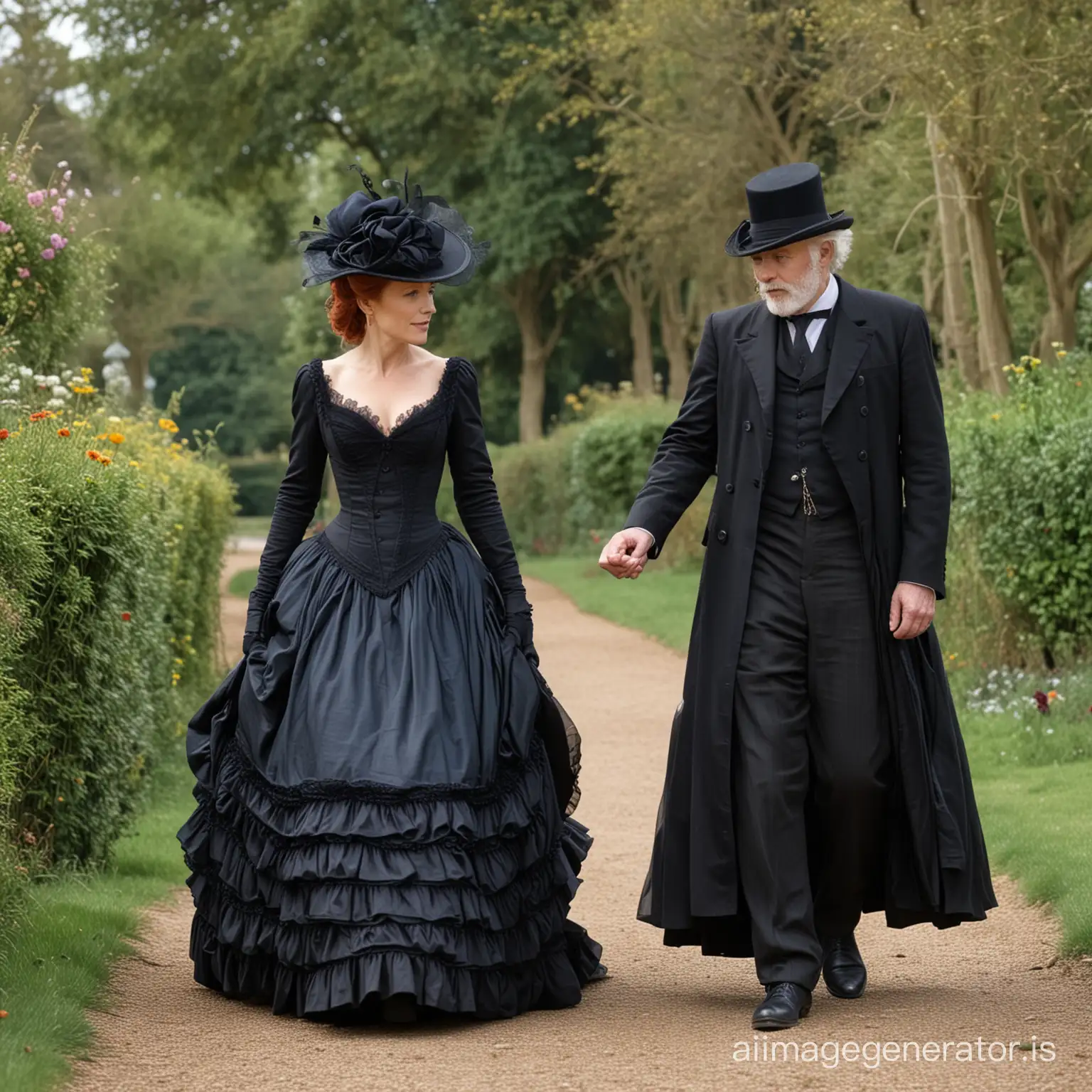 red hair Gillian Anderson wearing a dark navy floor-length loose billowing 1860 victorian crinoline poofy dress with a frilly bonnet walking with an old man dressed into a black victorian suit who seems to be her newlywed husband
