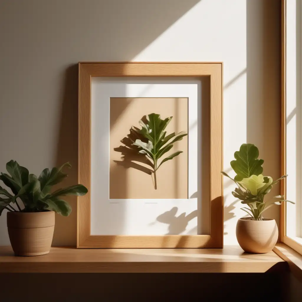 Warm Oak Frame Bathed in Sunlight Minimalistic 4K Interior Photography