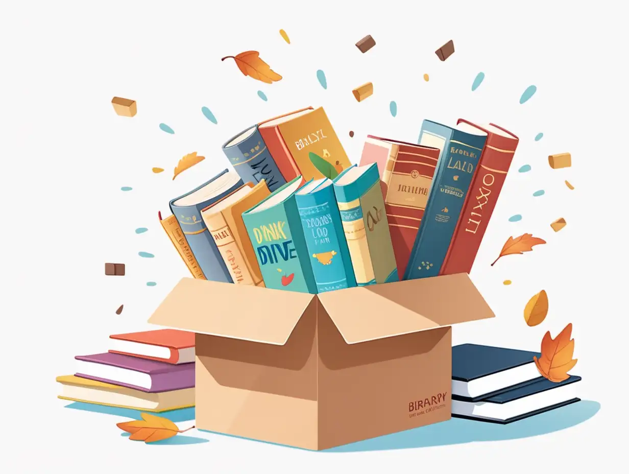 children's cartoon illustration, a box with books falling inside, white background, book donation drive. library week poster