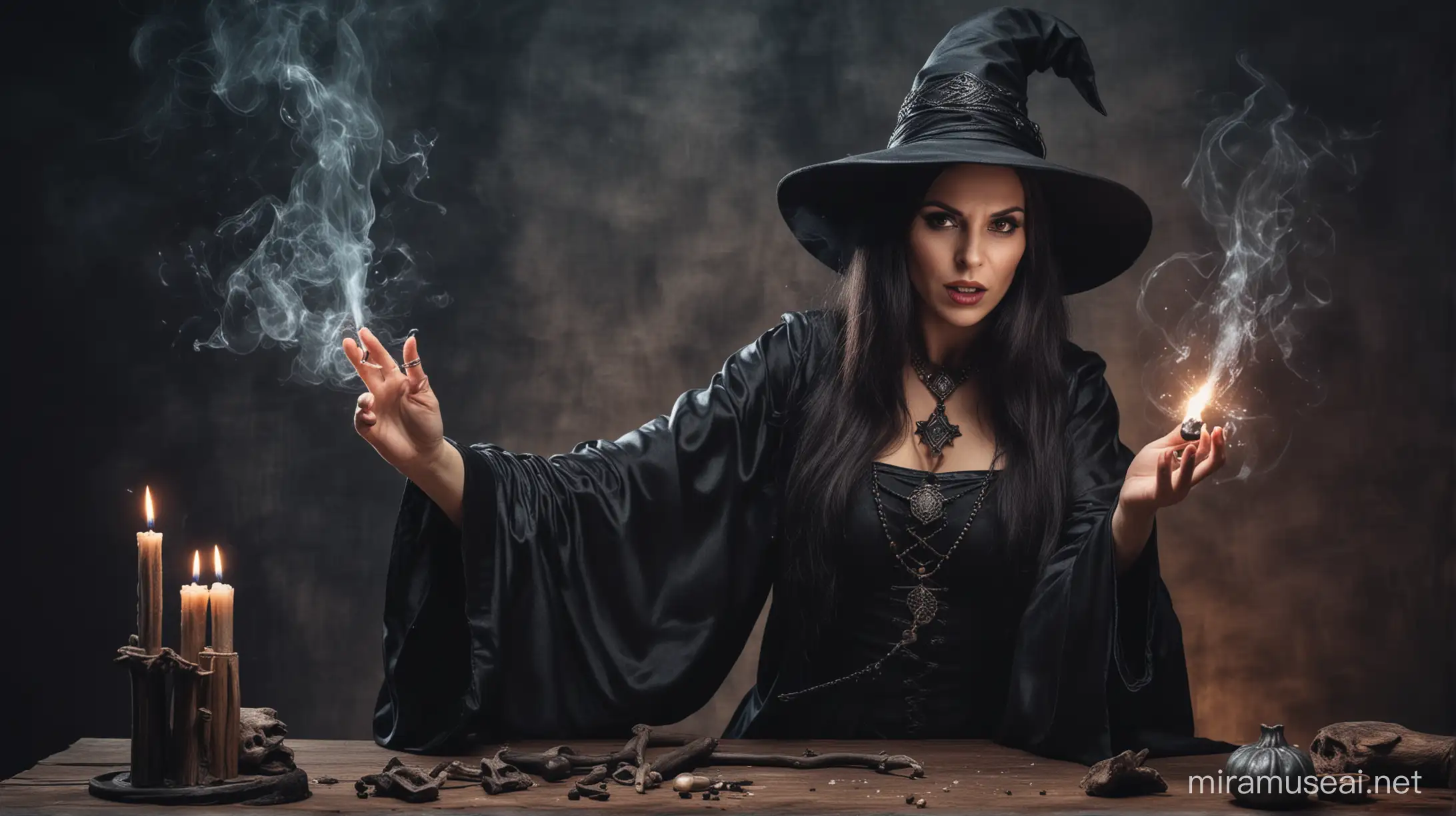 evil  woman wizard making black magic 

