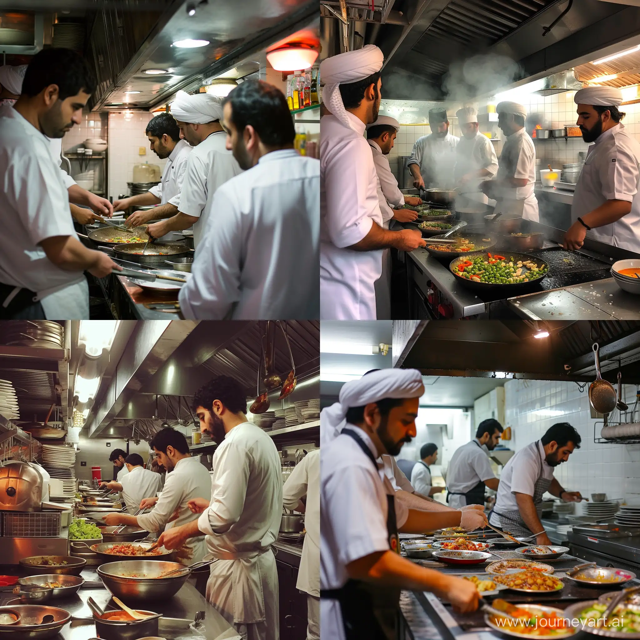 Иранские парни работают на кухне ресторана в Дубае