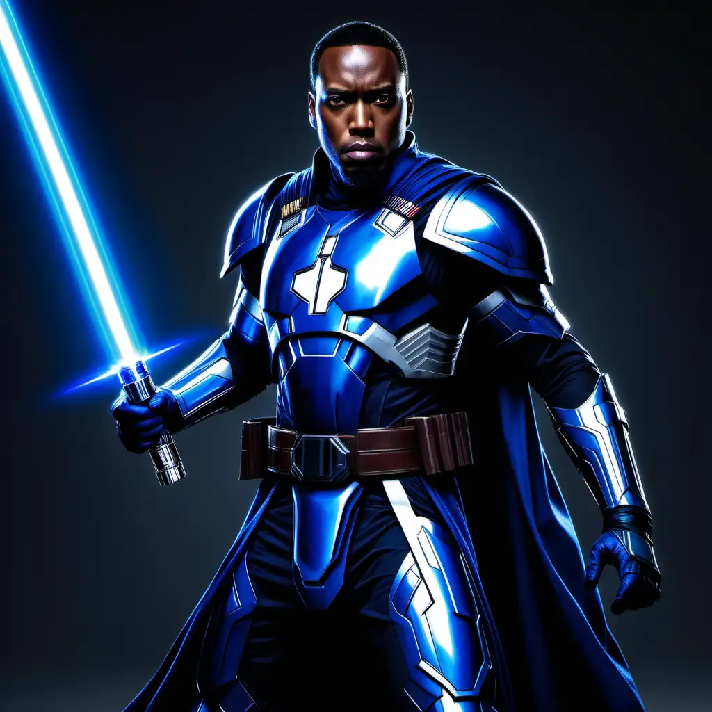 A hyper realistic image of Blue Marvel as a Star wars Jedi wearing blue armour, holding a blue lightsaber, 