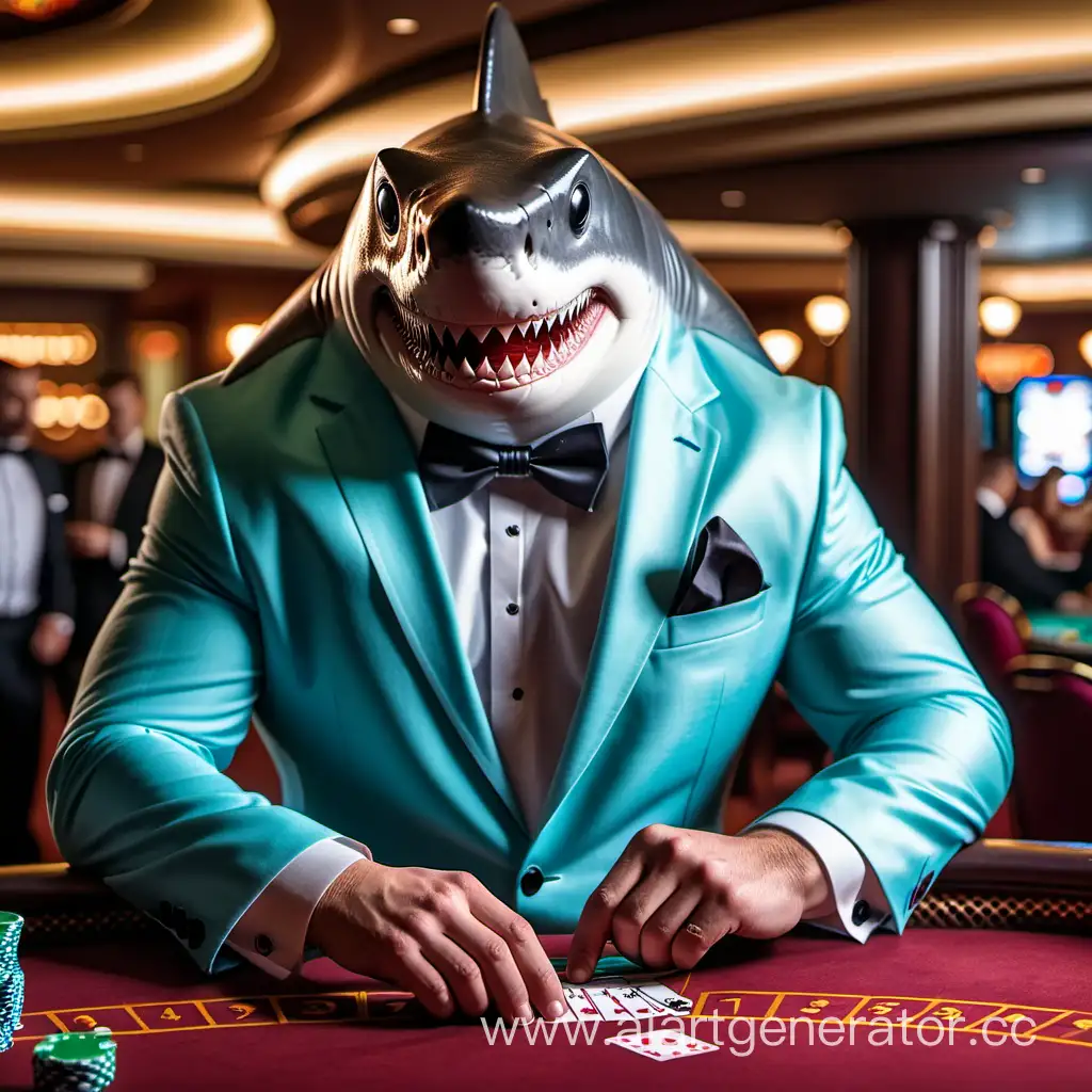 брутальная акула  в смокинге играющая в казино 
