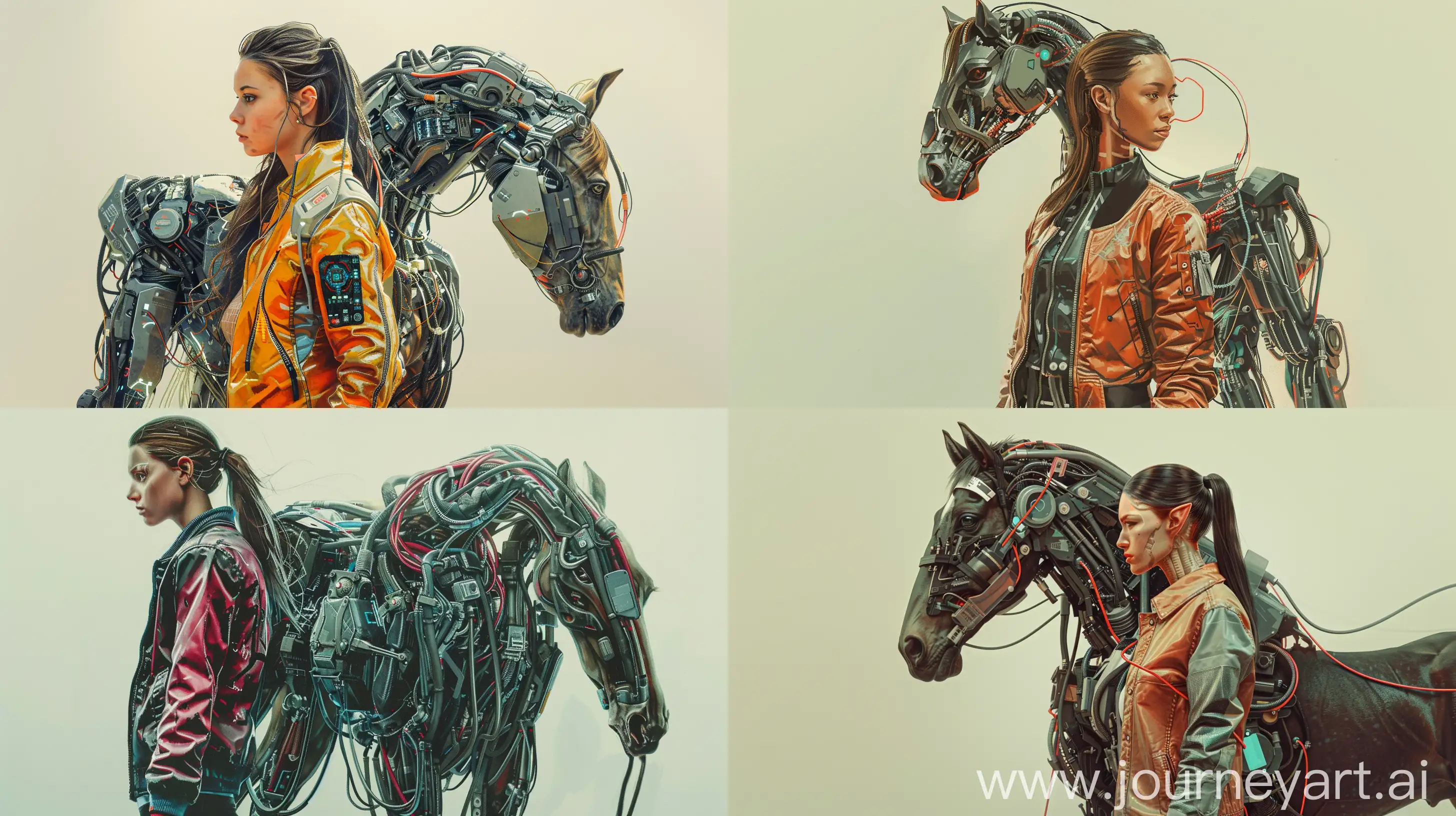 Create a hyper-realistic digital painting of a female centaur. The torso, head, and arms of the figure will be that of a woman, and the horse body will be futuristic and robotic. The composition of the woman and the horse has to be a single figure, like a centaur. The horse part should convey technology, wires, and a cyberpunk style. The woman is beautiful and dressed in a modern American jacket, like that of an executive. Include bright colors and detailed textures. The background should be very neutral and not distract attention from the rest of the scene. --ar 16:9 --v 6