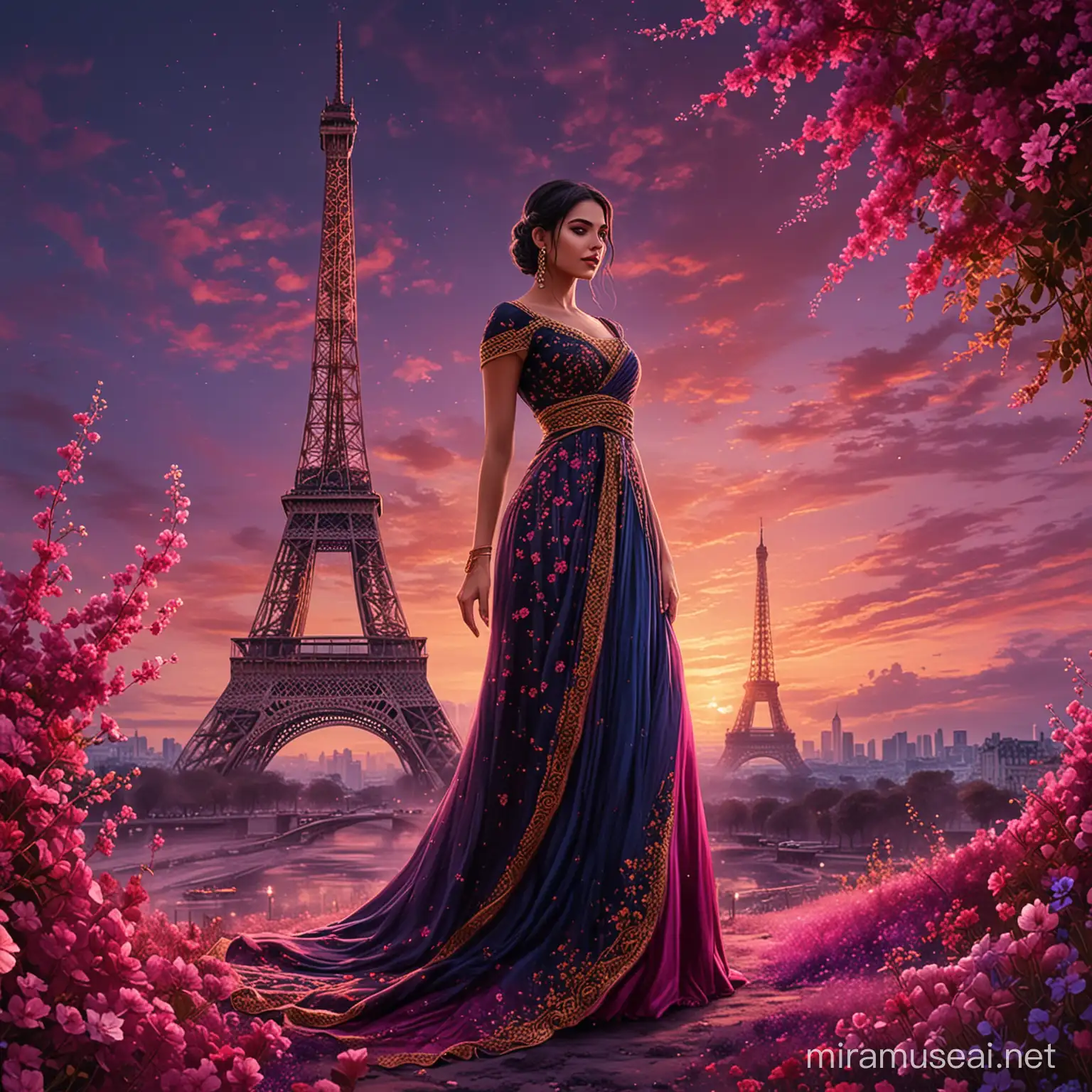 A beautiful woman, standing up on dark purple dust, surrounded by dark pink flowers. Long black braid. Long elegant dark red and blue dress, haute couture, sari tissu. Background dark pink sky. Background yellow tower effel decorated with golden light. Digital art, illustration, digital illustration, digital painting