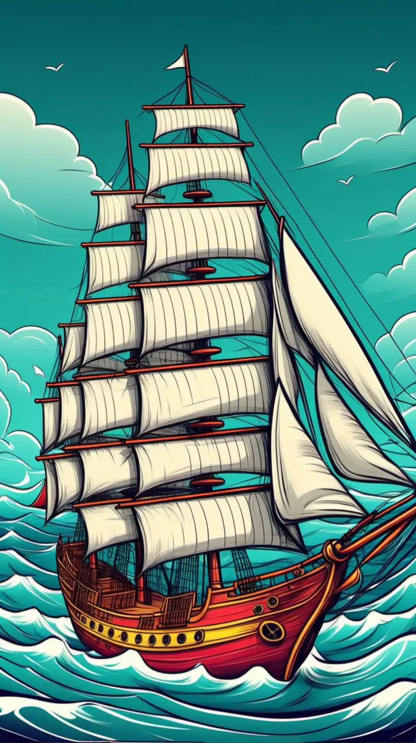 /imagine kids illustration, 3 masted ship on the ocean, cartoon style, thick lines, low detail, vivid color - - ar 85:110