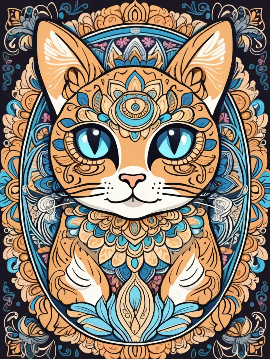 Whimsical Mandala Cat in Vibrant Cartoon Style