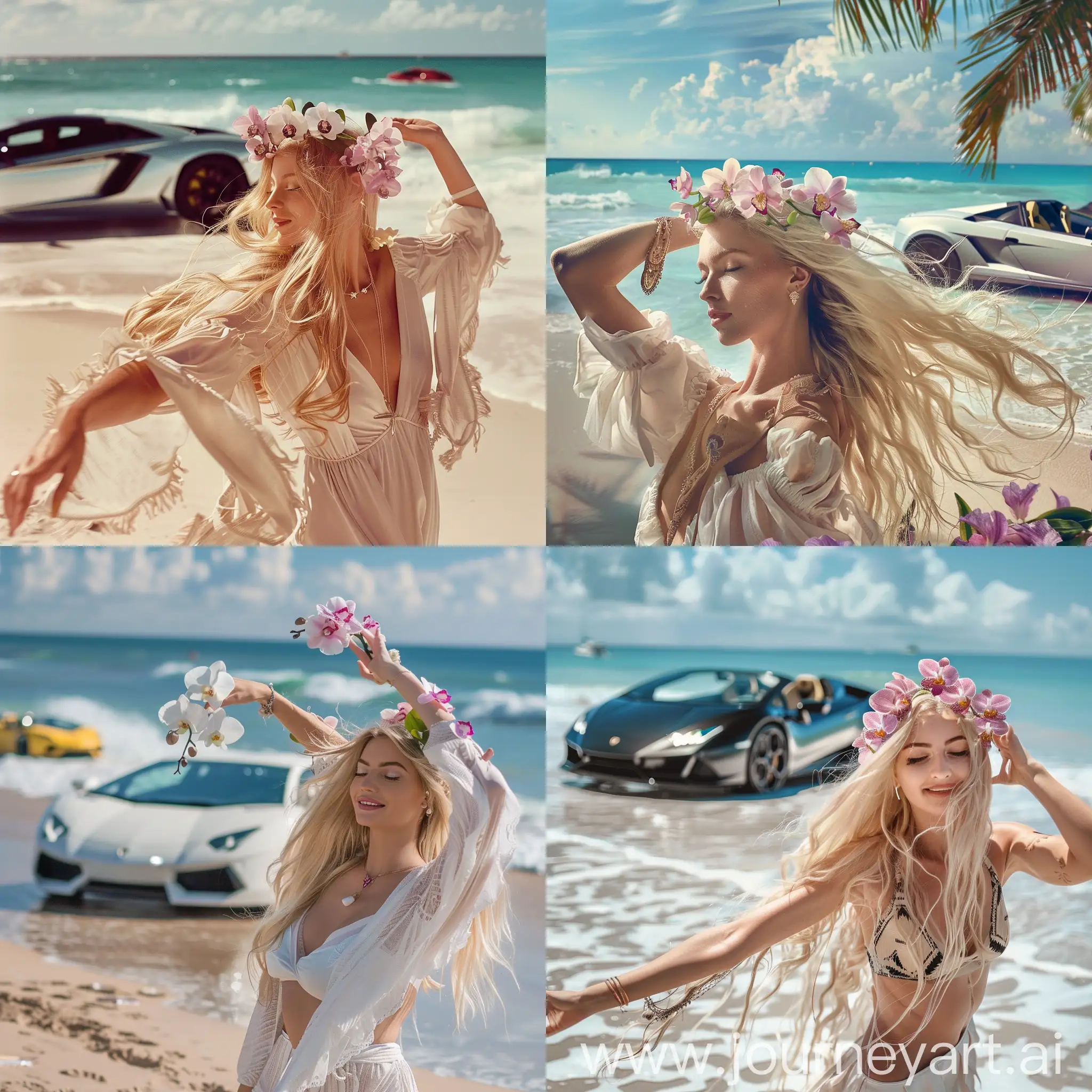Blonde girl with orchids and orchids in her hair dances on the beach, Lambo car on background