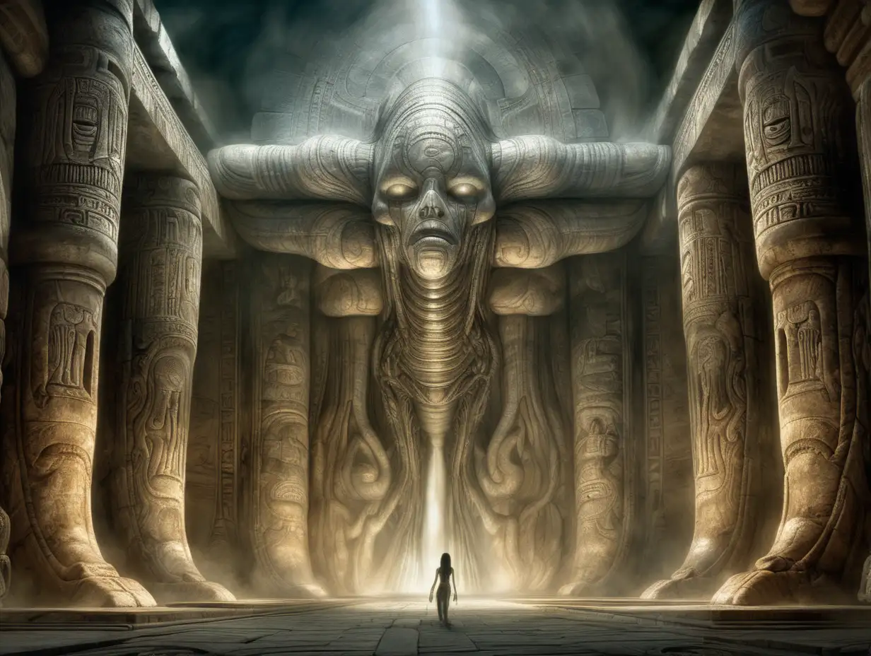 "Generate an eerily atmospheric scene that seamlessly blends the dramatic lighting style of J.M.W. Turner with the surreal and biomechanical aesthetics of H.R. Giger. Set the stage at the mystical ruins of an ancient Egyptian temple, infusing the environment with Turner's ability to convey awe through dramatic light and Giger's nightmarish biomechanical elements. Illuminate the scene with a haunting yet awe-inspiring color palette, representing the 7 main chakras, and let the atmospheric ambiance evoke a sense of eerie beauty. The result should be a uniquely atmospheric and chilling composition that captures the essence of both artists' styles."
