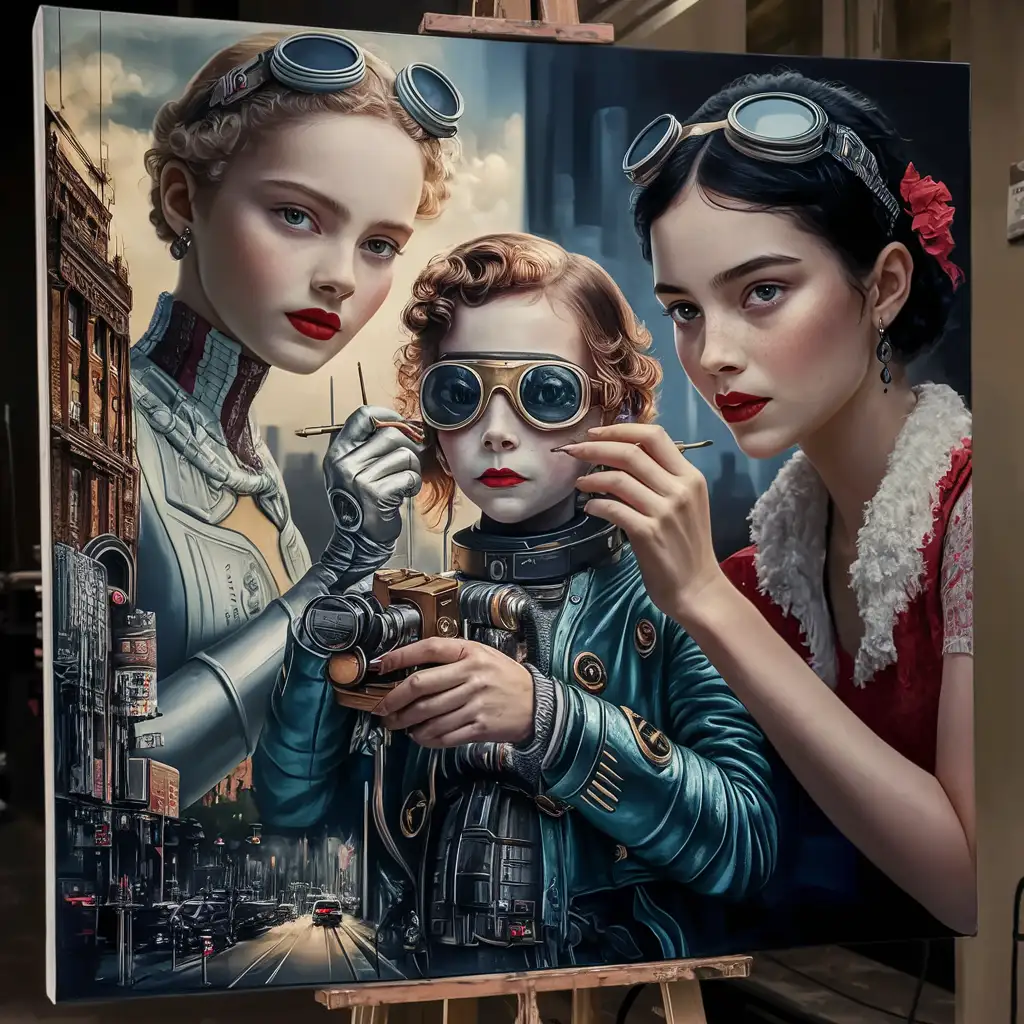TWO BEAUTIFULL WITH RED LIPSTIK GIRLS ONE  WHITE SKIN AND ONE SPANISH MAKING A PAINTING OF A TIME TRAVELER ON CANVAS
