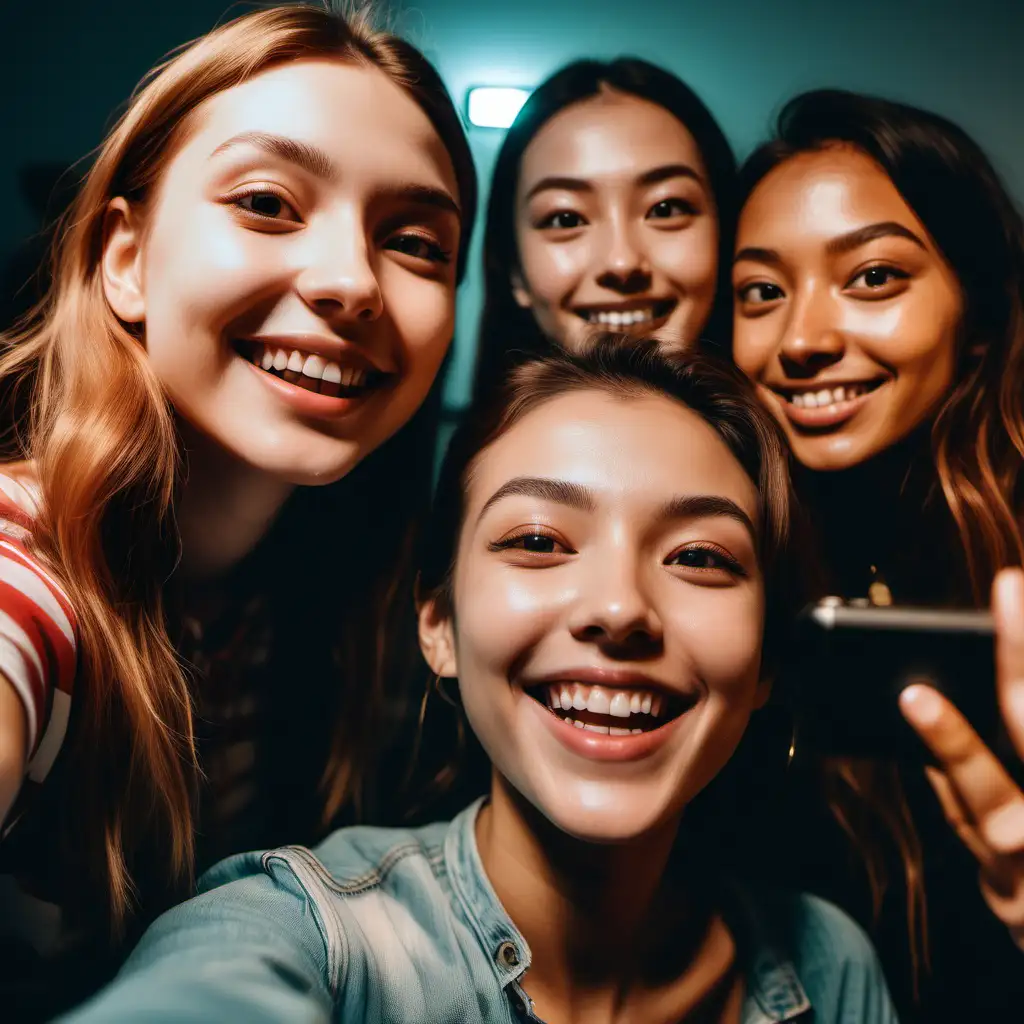 women taking a selfie with her friends, happy and smiling, clear face features, polaroid, gopro 10, f/1.18, accent lighting, --uplight, --v 4 --q 2 --uplight