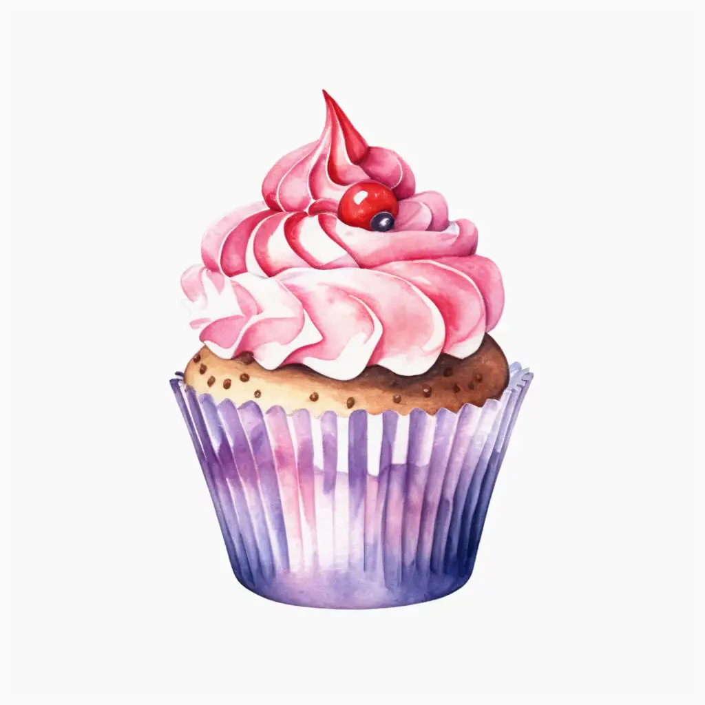 Watercolor styled, single, colored cupcake with no background
