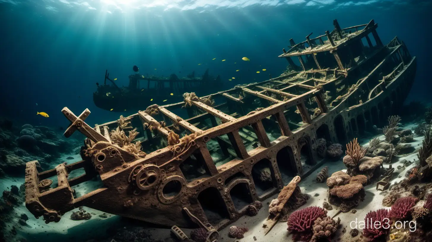 A photo of an ancient shipwreck nestled on the ocean floor. Marine plants have claimed the wooden structure, and fish swim in and out of its hollow spaces. Sunken treasures and old cannons are scattered around, providing a glimpse into the past.