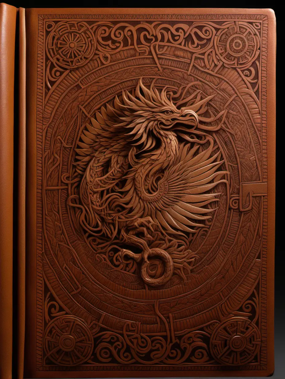front aligned view of the narrow border of small designs on a blank book covered in leather in the theme "Quetzalcoatl"