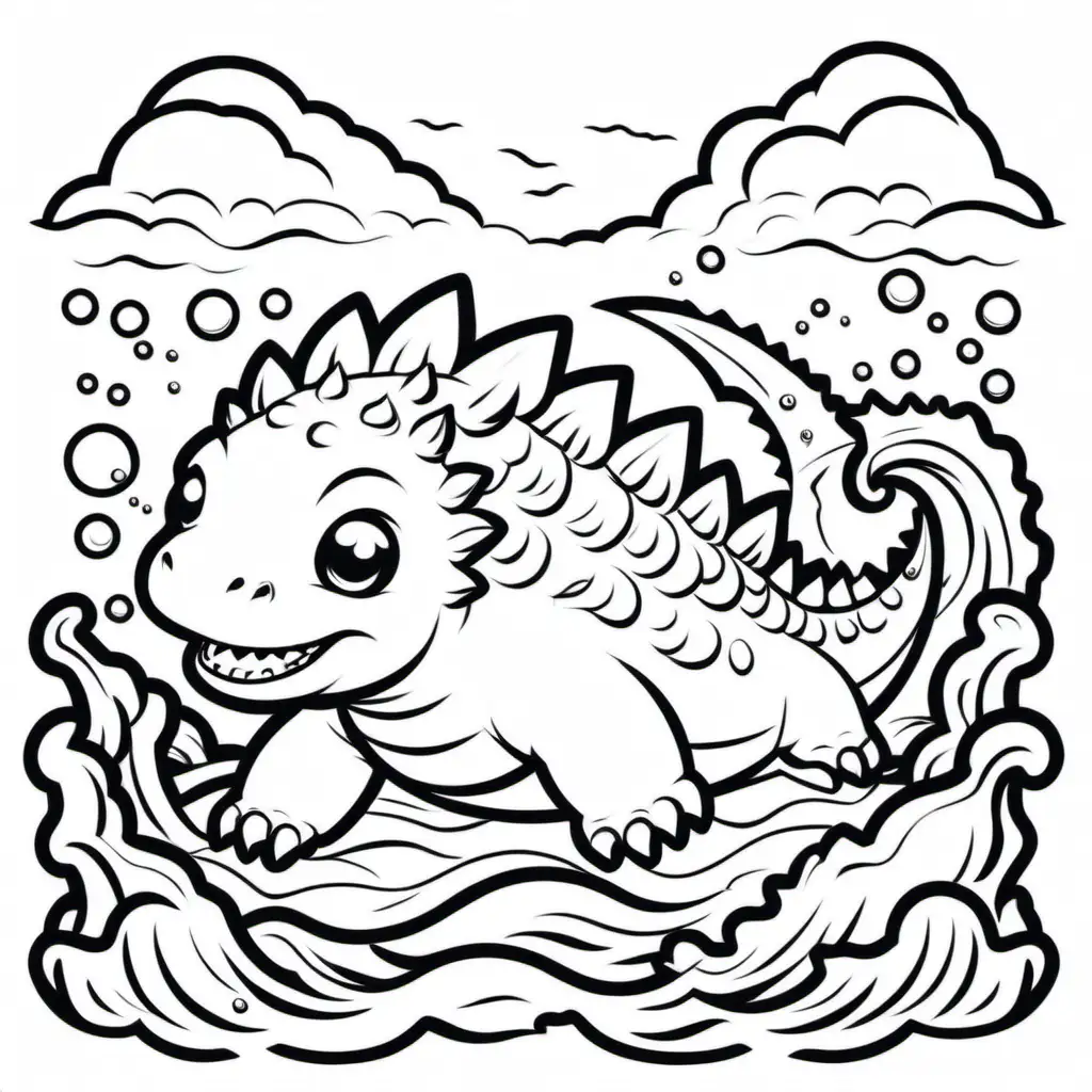 Adorable Baby Godzilla Swimming Kawaii Style Coloring Book Illustration