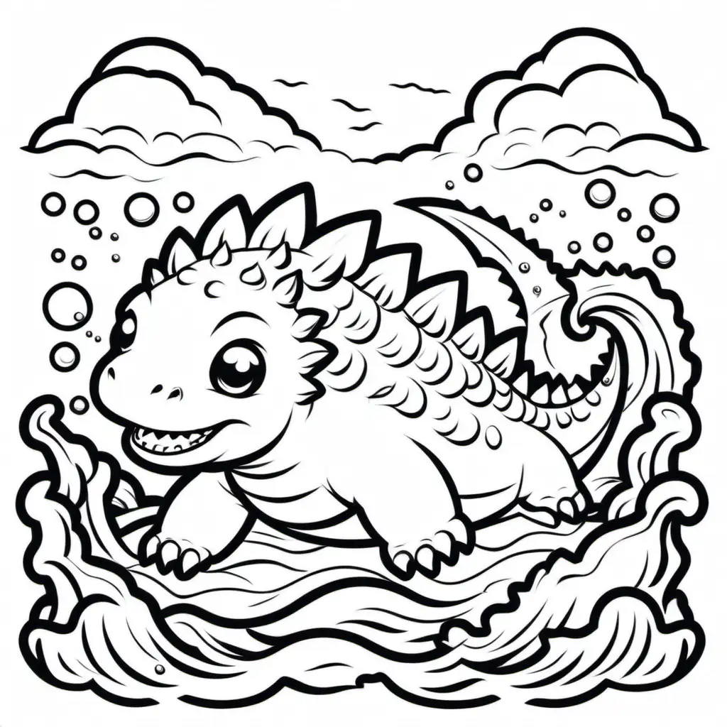 Adorable Baby Godzilla Swimming Kawaii Style Coloring Book Illustration ...