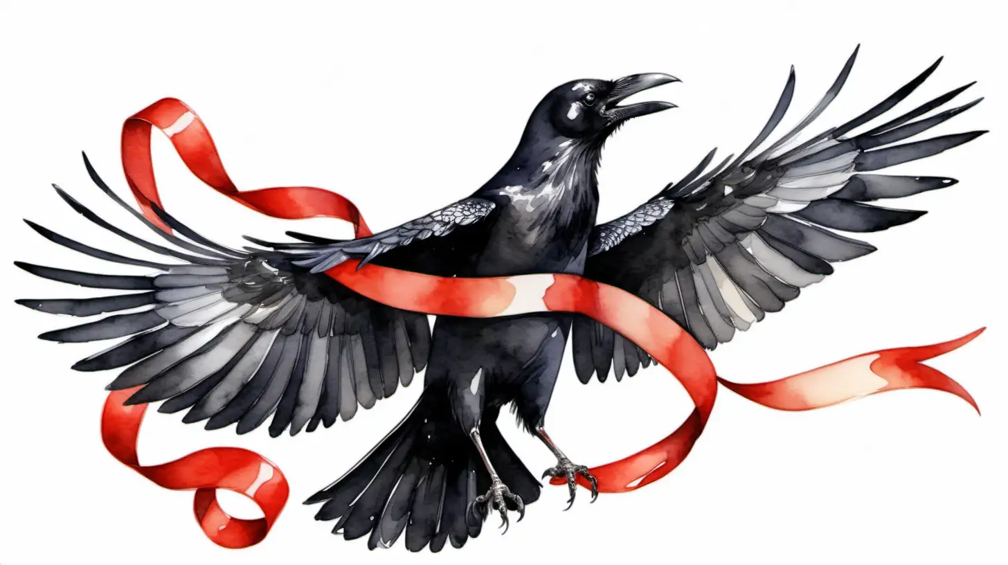 two black crow with spread wings, in the beak, the crow has a long red ribbon, watercolor style, white background, accent on details