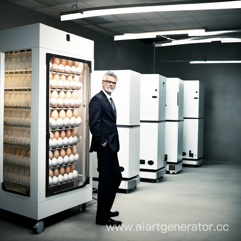 бизнесмен стоит рядом с инкубатором яиц
