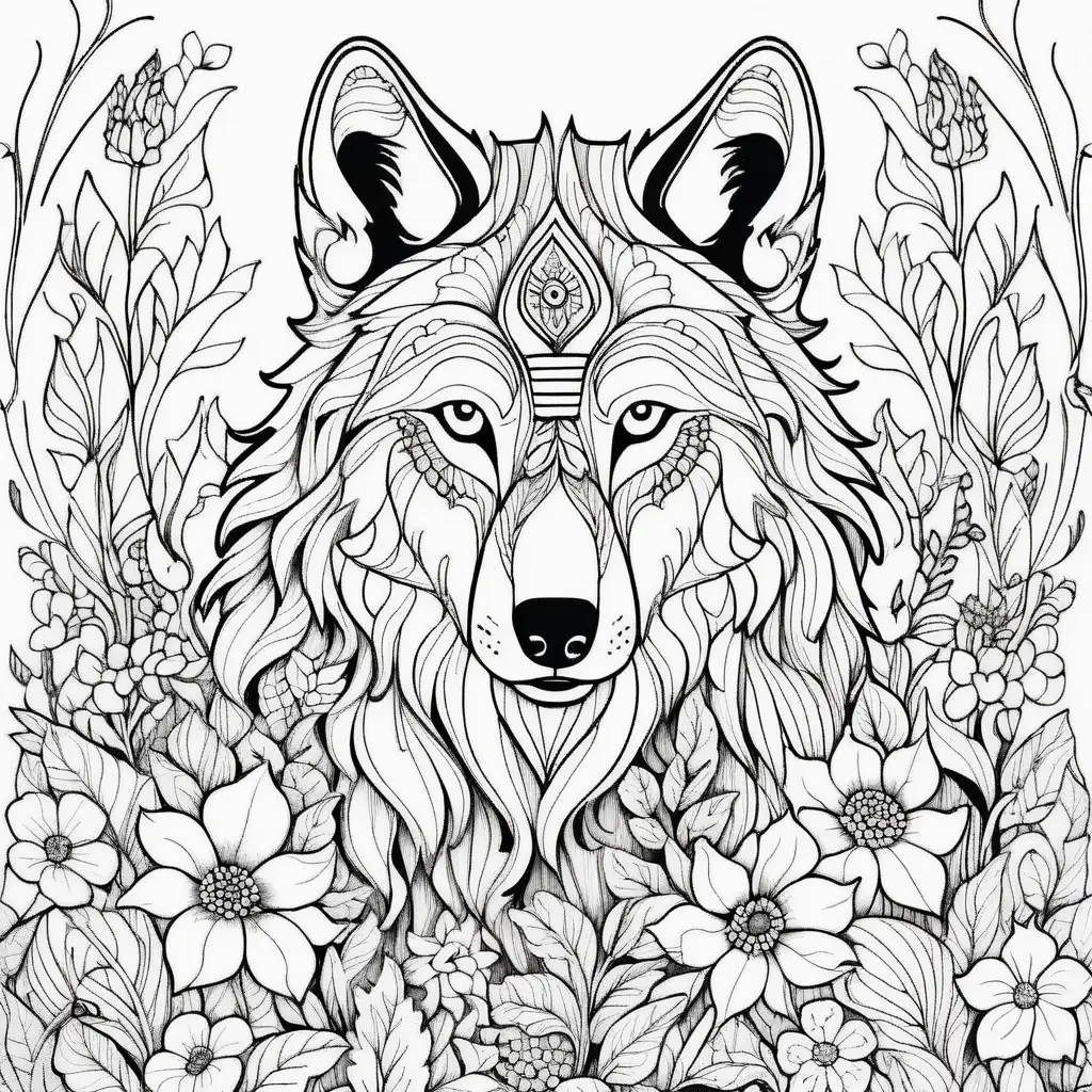 Coloring page with a wolf in flowers